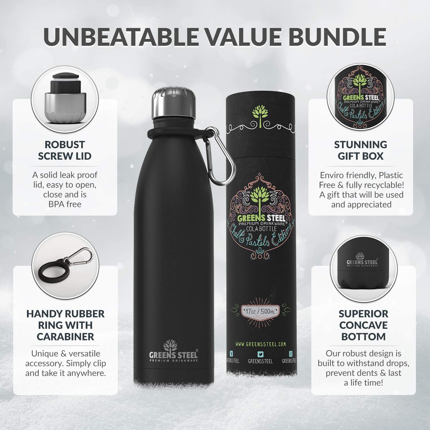 Greens Steel Stainless Steel Water Bottle - 17 Oz, Black | Vacuum Insulated Double Wall With Screw Lid/Leak Proof | Thermal Trav