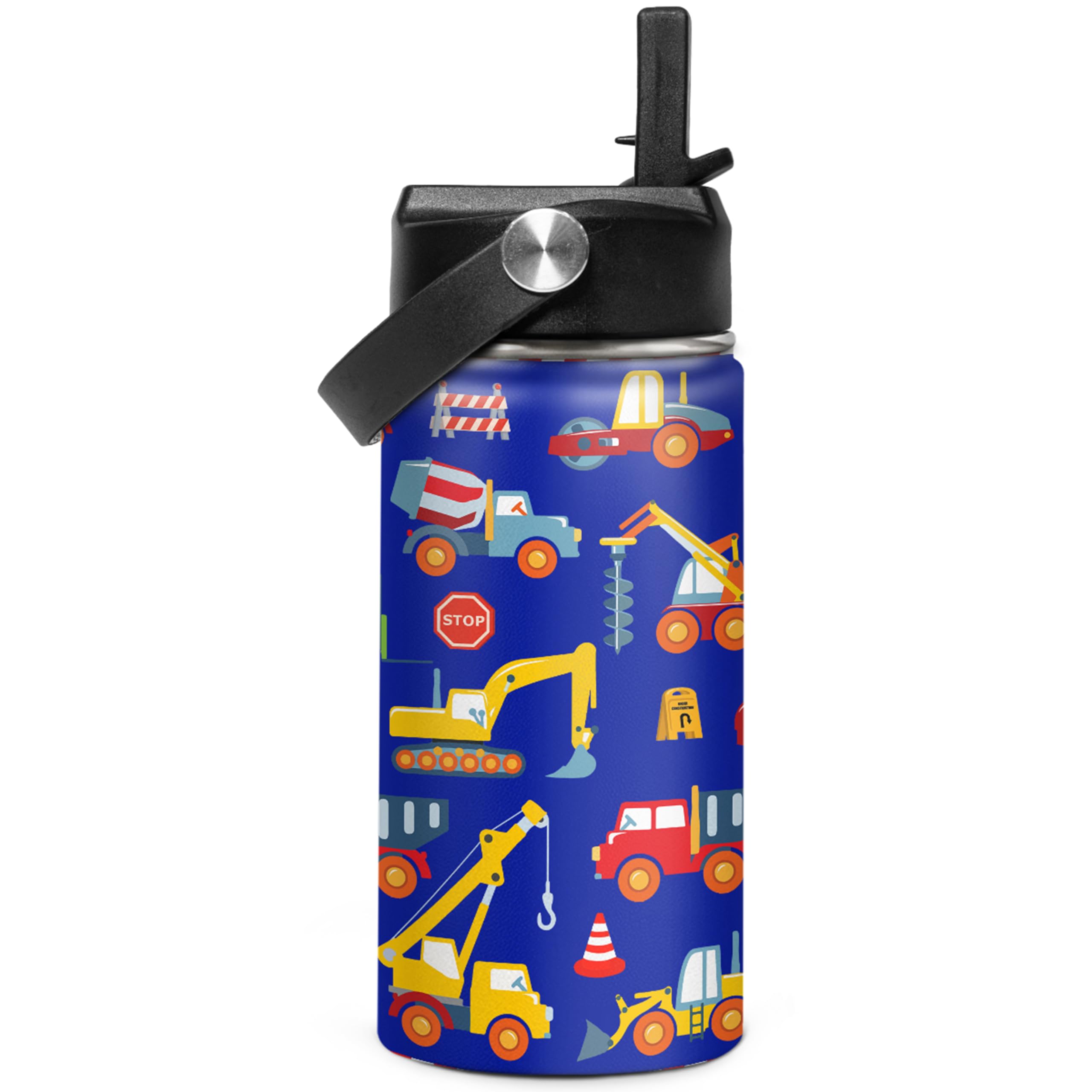 Kids Water Bottle With Straw Construction Insulated Water Bottles 12Oz Stainless Steel Travel School Tumbler Double Wall Vacuum