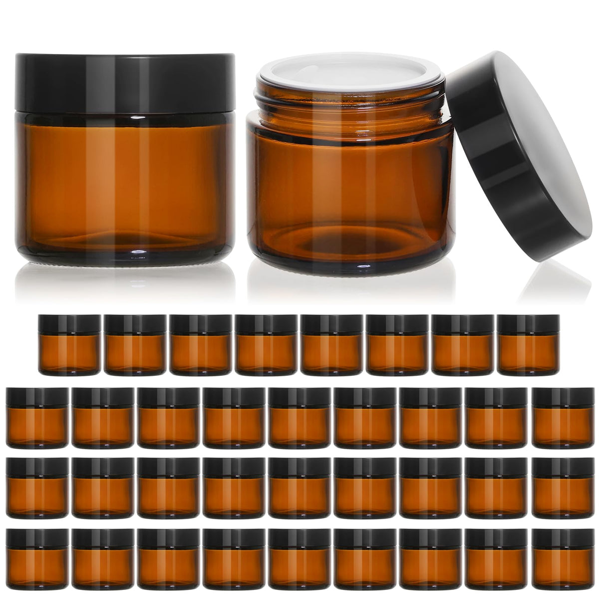Keywing 2Oz Small Glass Jars, 35 Pack Amber Glass Cosmetic Jars With Black Lids, Round Sample Container With Inner Liners For Cr