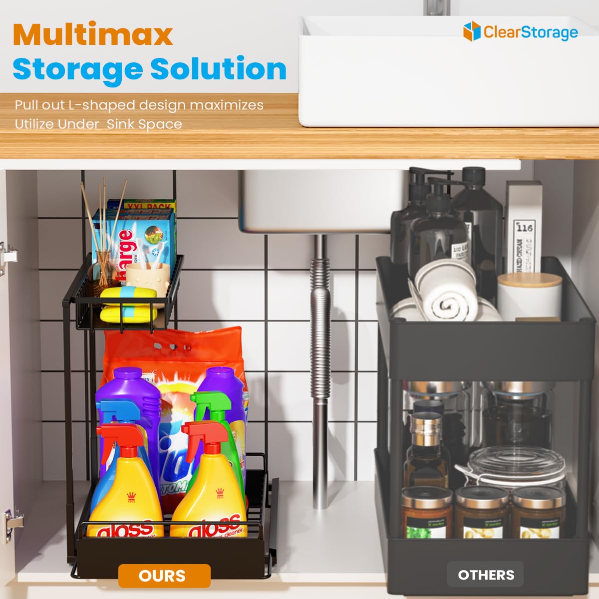 Under Sink Organizers And Storage, 2 Tier, L Shaped, Pull Out Sliding, Adjustable Under Sink Organizer For Kitchen Bathroom Cabi