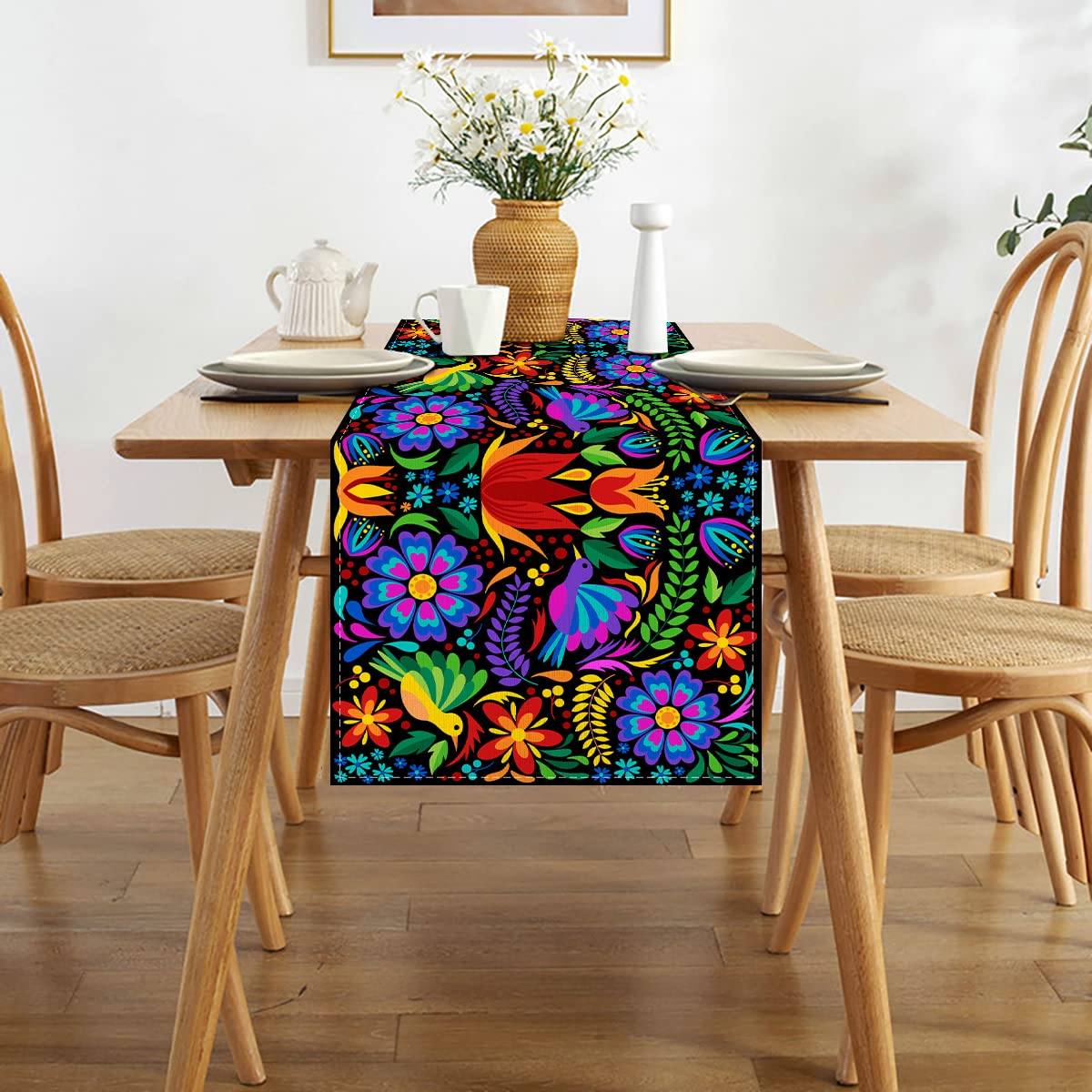 Linen Mexican Fiesta Table Runner 72 Inches Long Mexican Fiesta Themed Party Cinco De Mayo Home Kitchen Dining Room Table Decora