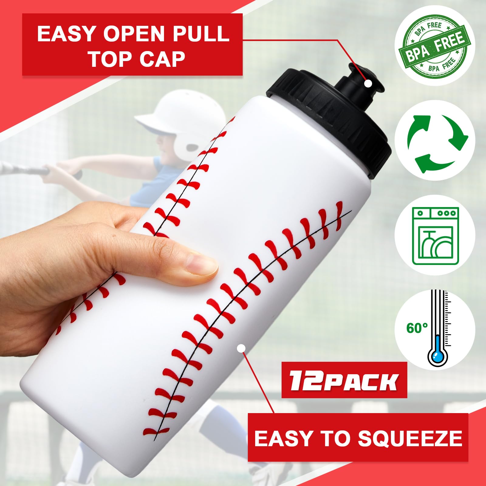 Yaomiao 12 Pcs Baseball Water Bottle Bulk Reusable Baseball Sports Bottle 20 Oz Squeeze Water Bottles Baseball Accessories Gifts