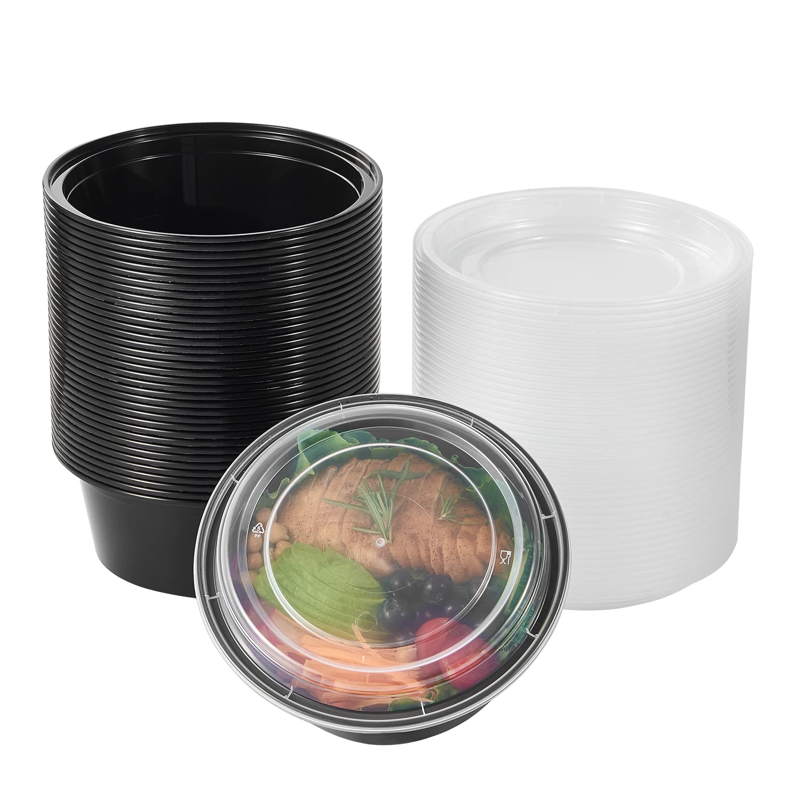 FULING 38 oz 150 ct Round Meal Prep Containers with Lids Plastic Food Storage To Go Lunch Plan Box Disposable Take Out Bowls Bla