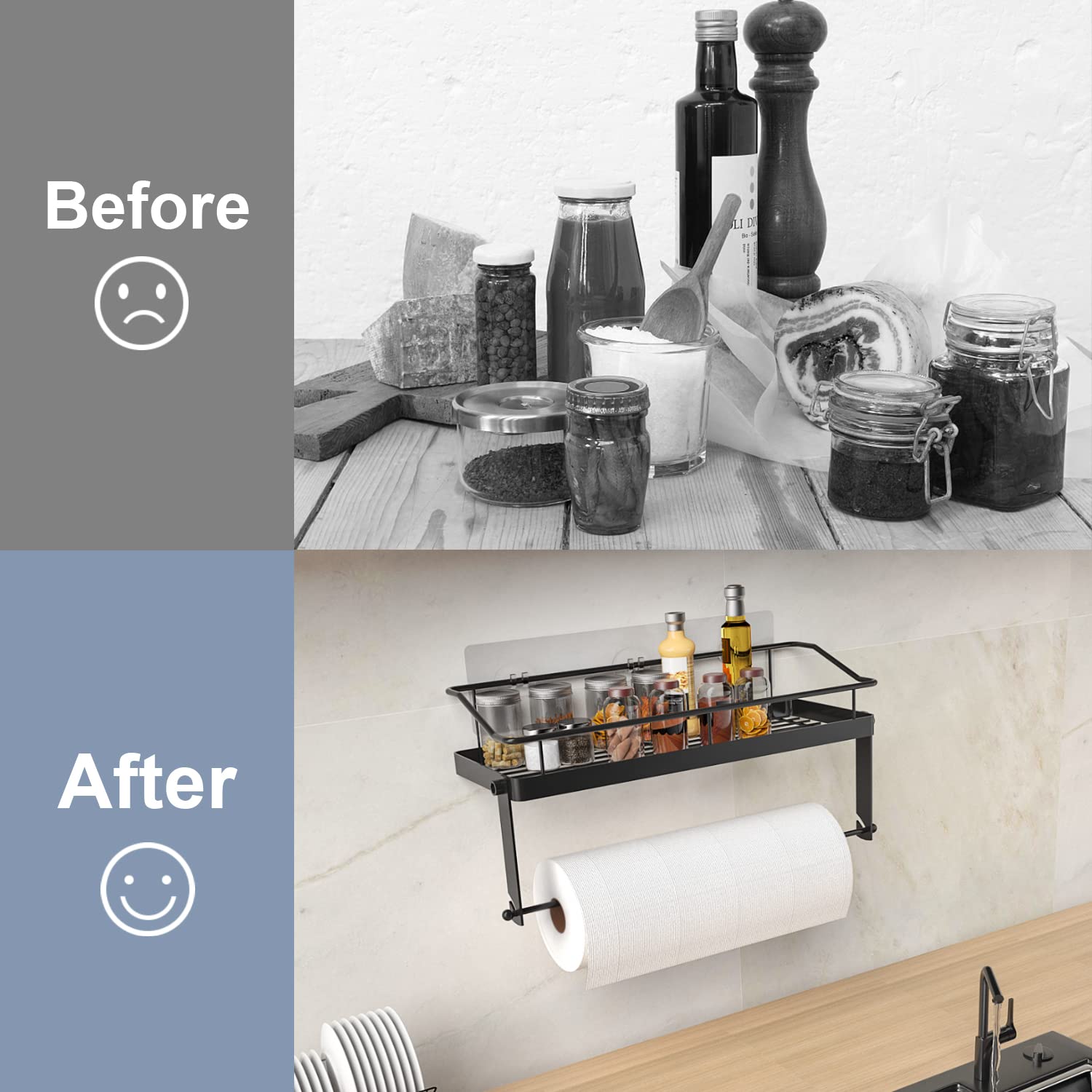 Paper Towel Holder Shelf, 2 In 1 Kitchen Spice Rack With Adhesive Black Paper Towel Holder For Bathroom, Stainless Steel Paper T
