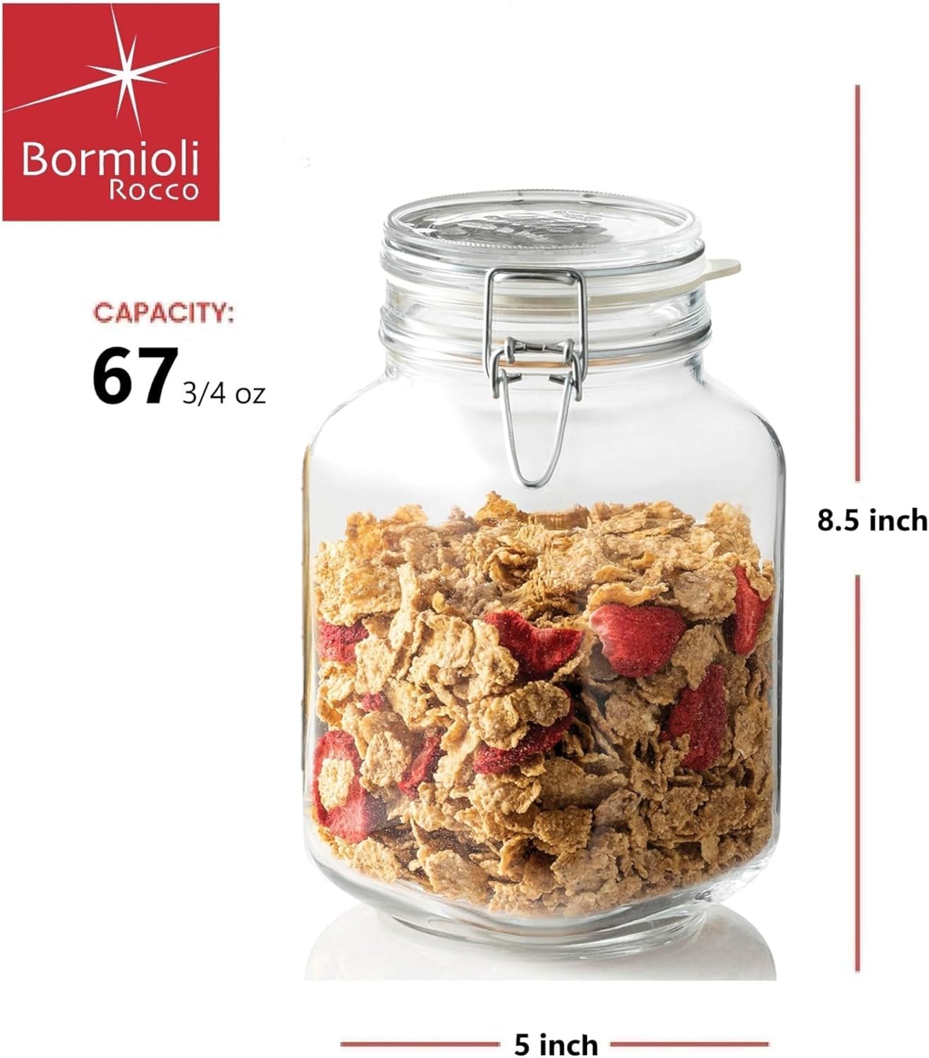 Bormioli Rocco Fido Wide Mouth Squared Glass Jar With Airtight Gasket Clamp Lid For Canning And Food Storage, 67.75 Oz, Clear To