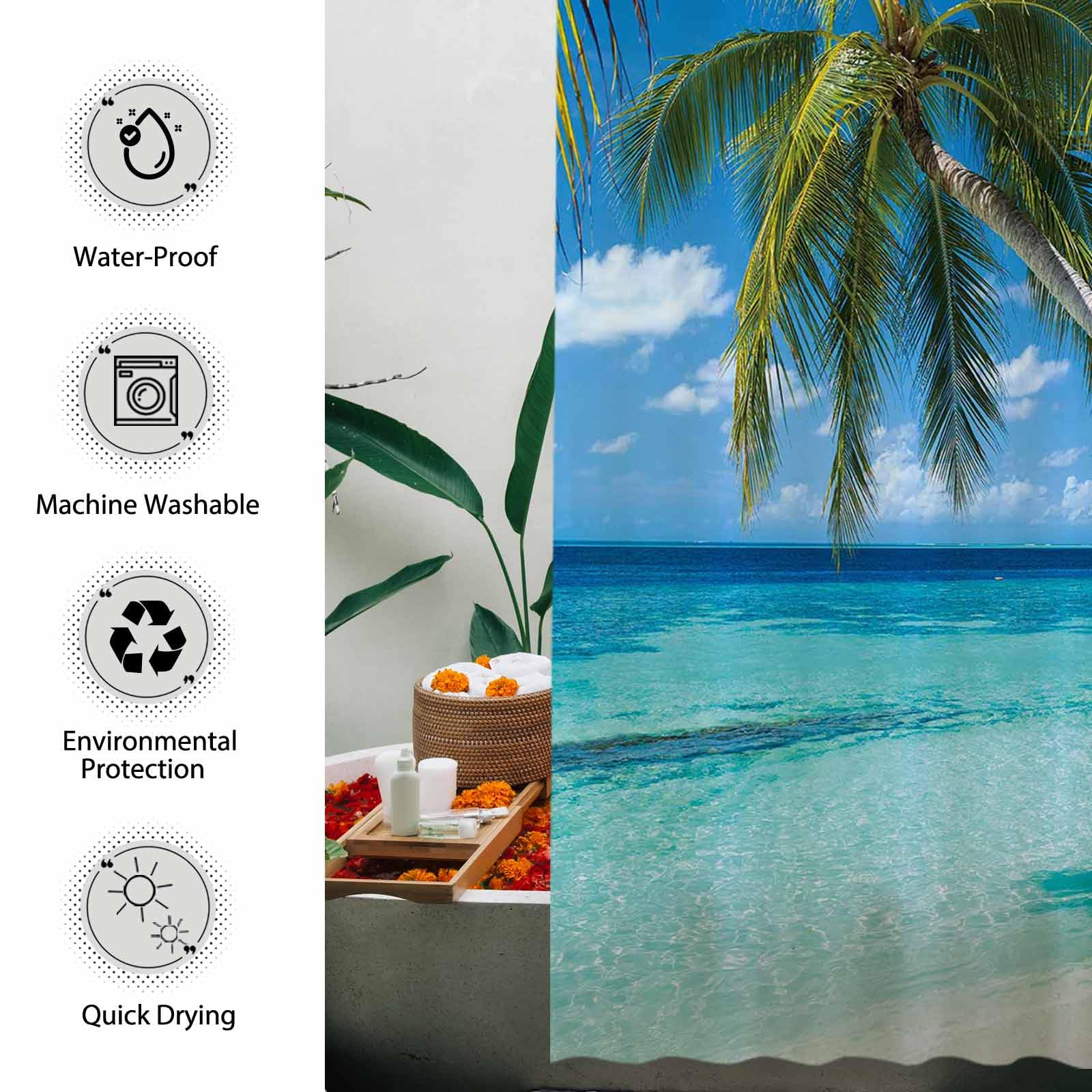 Allenjoy 72X72 Inch Summer Seaside Shower Curtain Tropical Paradise Beach Blue Sky Palm Tree Decor Home Bathroom Bathtub Curtain