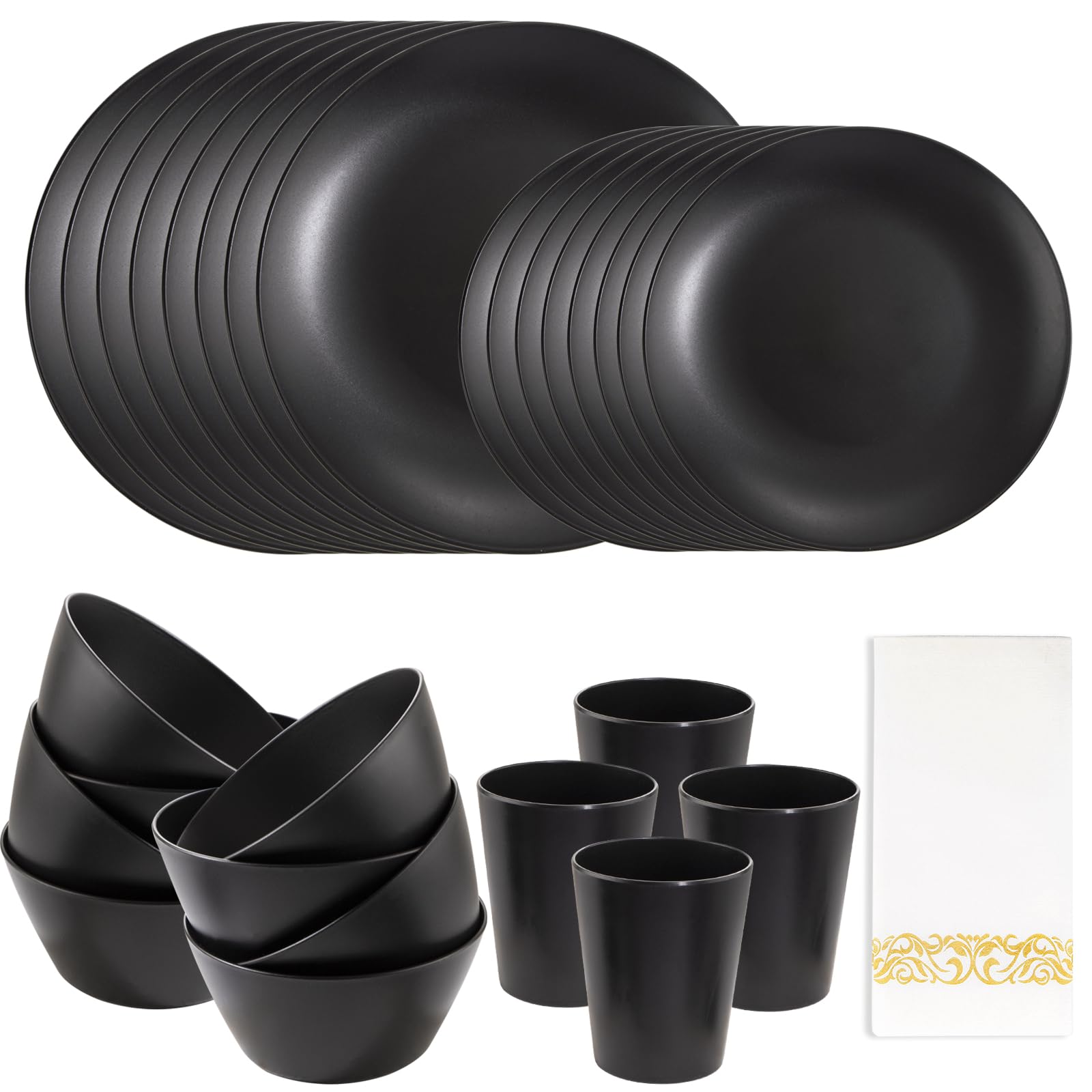 Supernal 32Pcs Black Wheat Straw Dinnerware Sets With 25Pcs Linen Napkins,Plates And Bowls Sets For 8,Black Plastic Dinnerware S