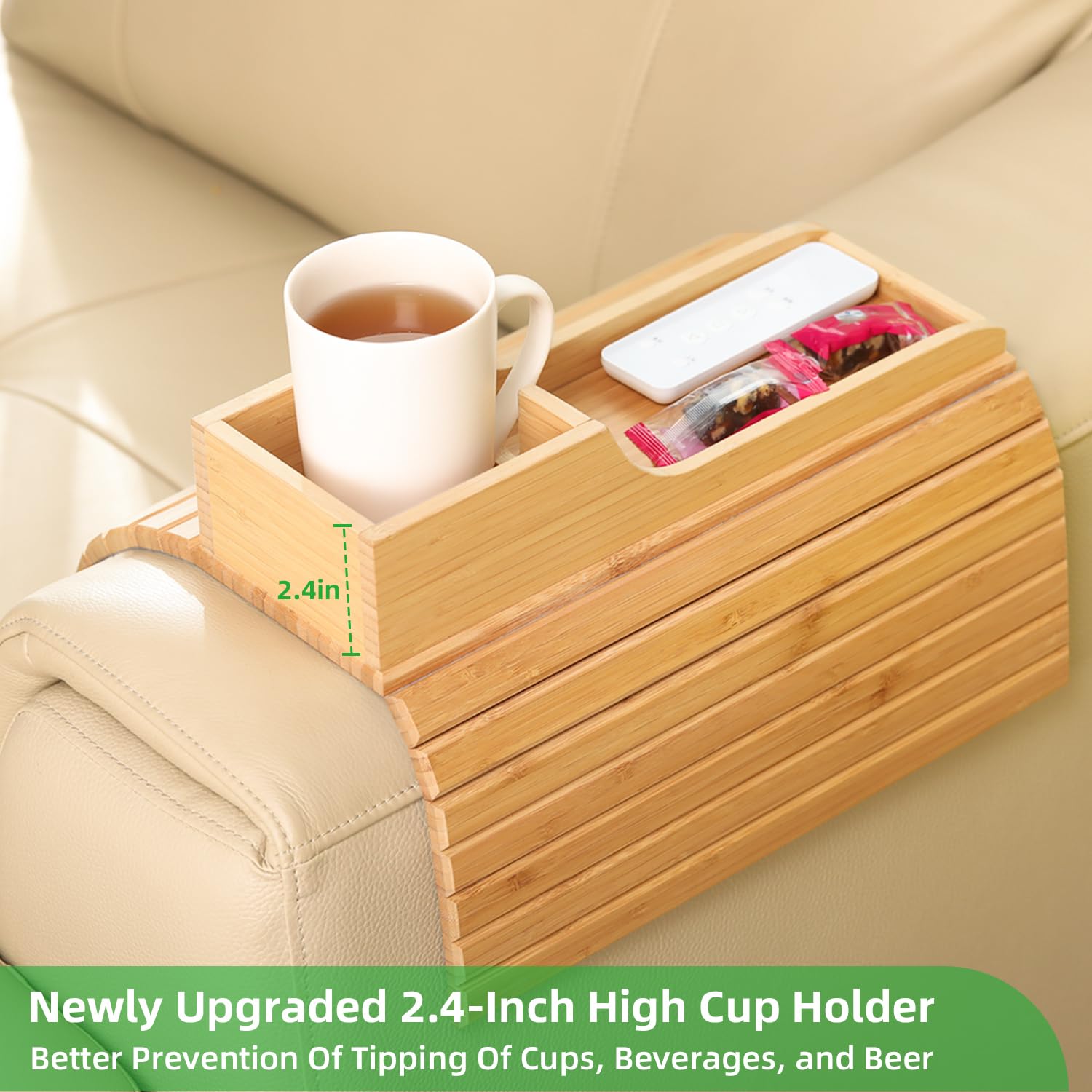 GEHE Bamboo Couch Cup Holder, Anti-Spill Arm Tray for Drinks & Snacks, Easy to Clean, Model GE009, A Size