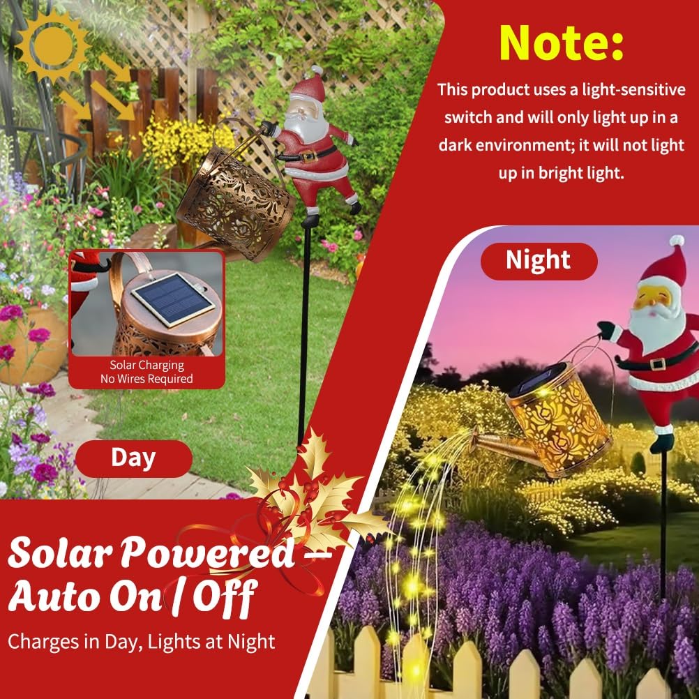Christmas Santa Solar Kettle Lights Garden Lawn Decorative Outdoor Waterproof Hanging Metal Watering Can for Decor, Patio Yard D