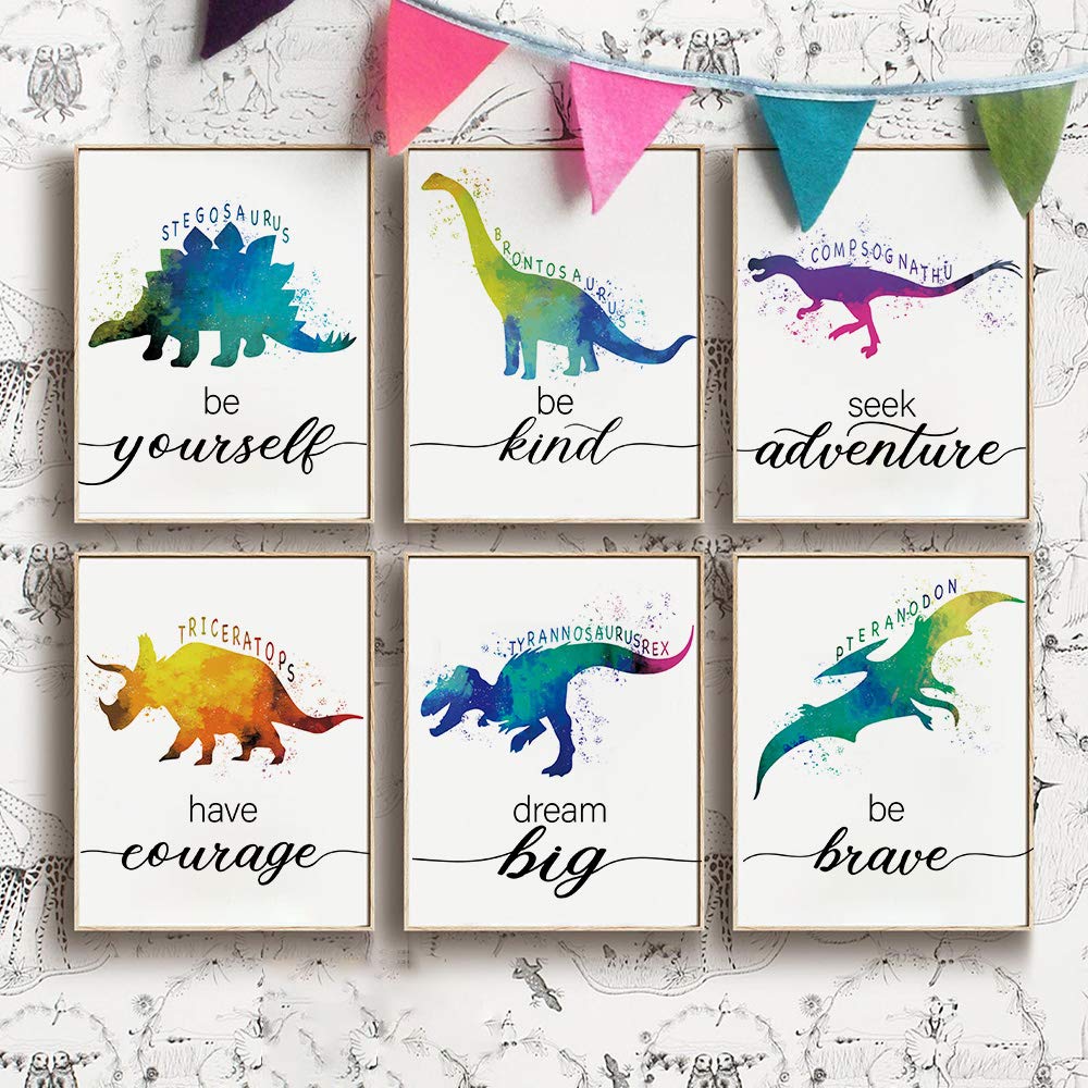 SUUURA-OO Dinosaur Bedroom Cool Watercolor Inspirational Words Woodland Art Prints Set of 6 (8X10)  lovely Roar Name Word Wall Art Poster for Nursery  Boys  Son  Kids Room Home Decor  No Frame