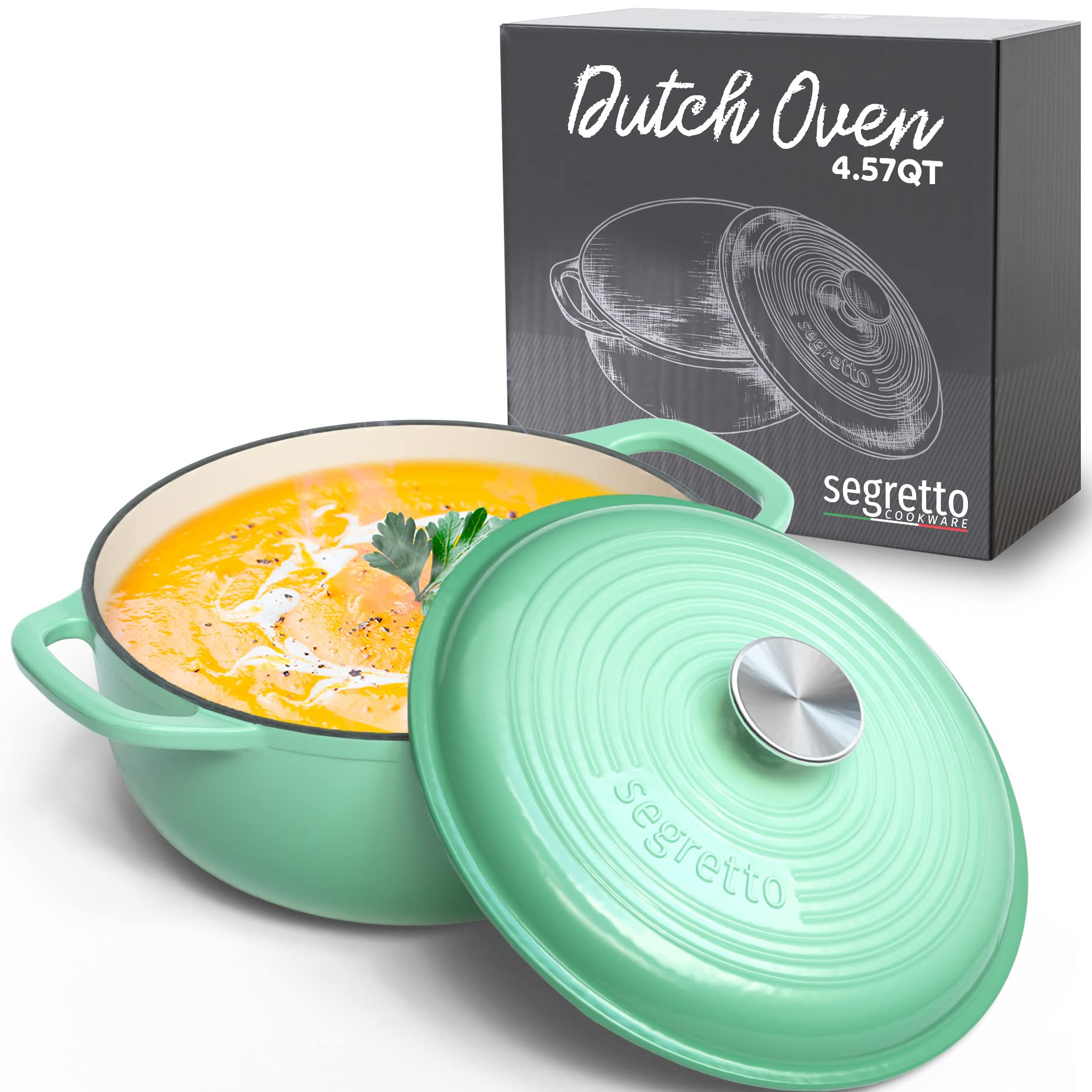 Segretto Cookware Enameled Cast Iron Dutch Oven With Handle, 4.57 Quarts, Verde Chiaro (Gradient Green) Oven Safe Dutch Oven Pot