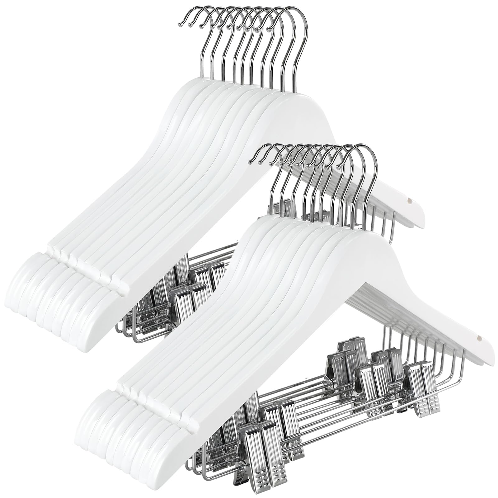 TOPIA HANGER Wooden Suit Hangers with Adjustable Metal Clips (20 Pack)  Solid Smooth Wood Clothes Hangers  360 Swivel Hook  Premium Pants Hangers for Clothes Coat  Jeans  Blouse-White CT28W20