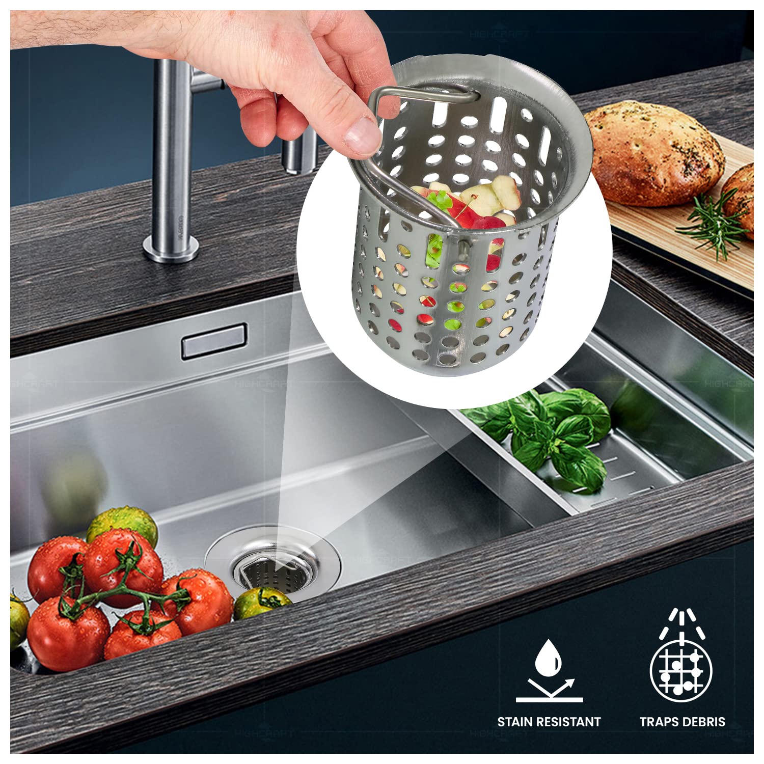 Highcraft 9774 Bar/Prep Sink (1-7/8    - 2-1/4   ) Junior Duo Stainless Steel Drain Assembly With Deep Strainer Basket Stopper