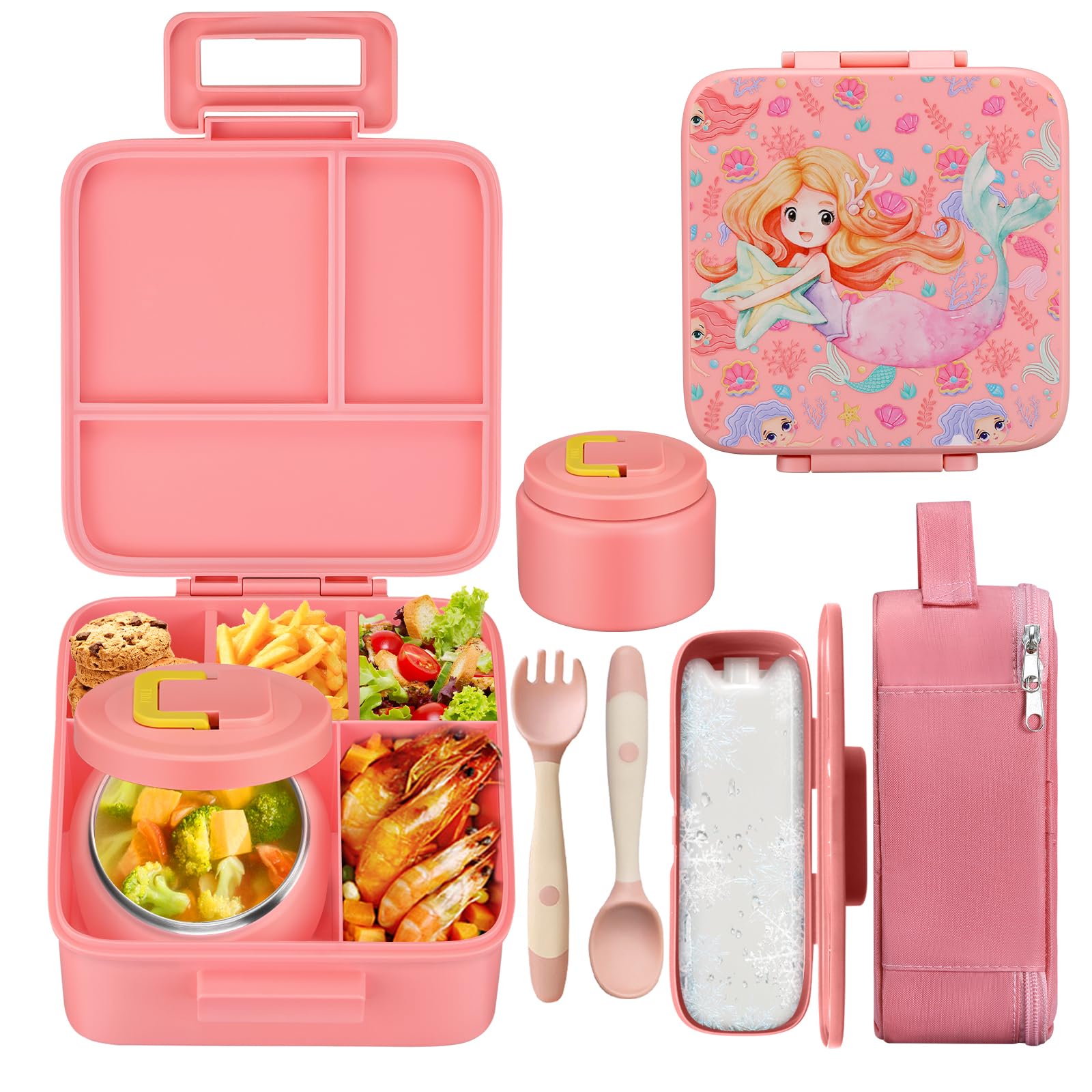 Maison Huis Kids Bento Lunch Box Set With 8Oz Soup Thermo, Leakproof Lunch Containers With 5 Compartment, Thermo Hot Food Jar An