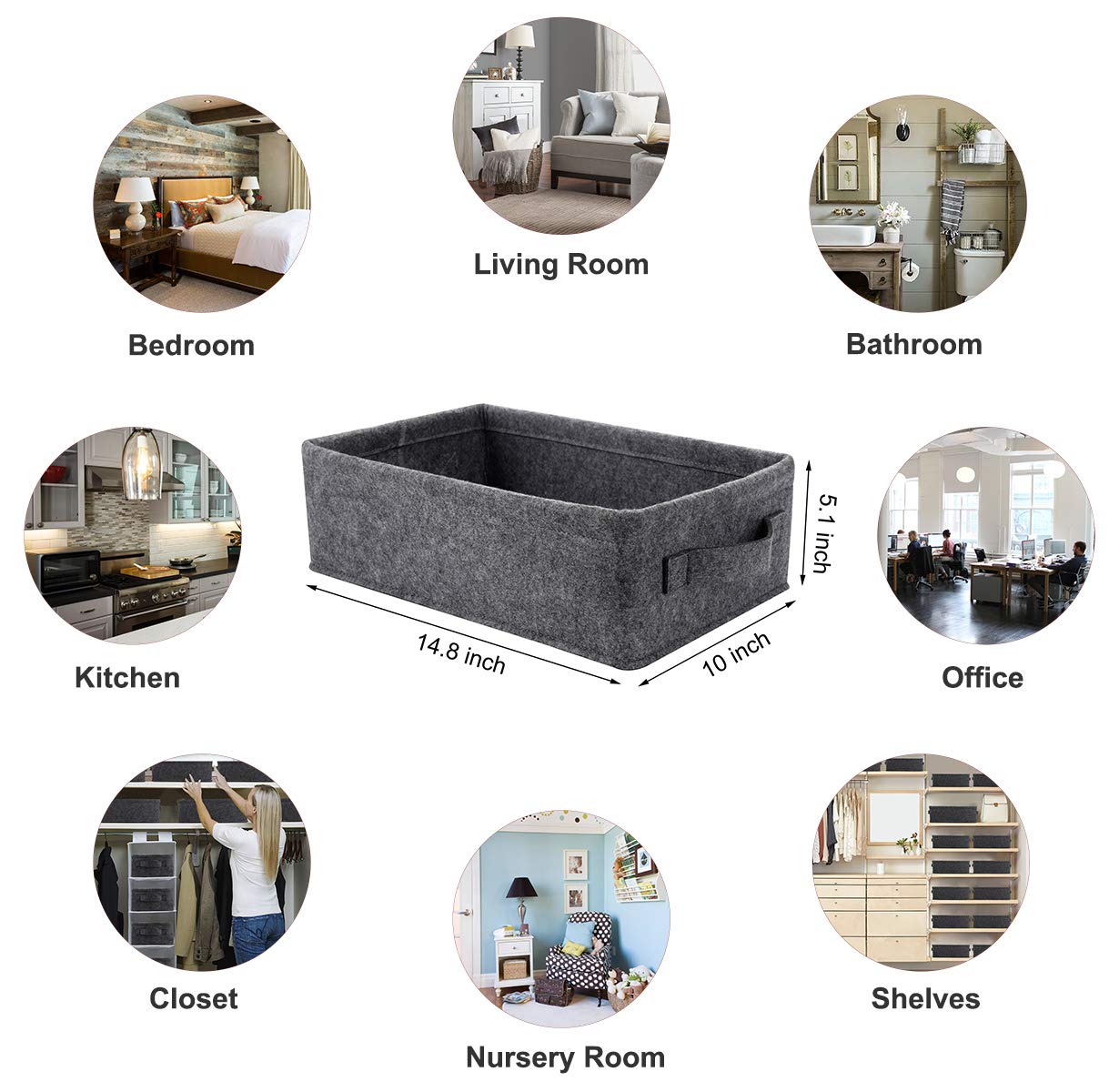 KWLET Small Shallow Storage Basket, 14.8x10x5.1 Inch, Light Gray Felt, Ideal for Towels, Toys, Office Supplies - Model ZLMZ.MZ.L