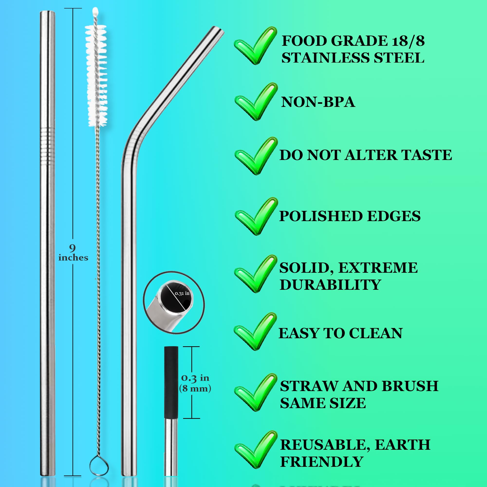 Pack Of 10: 2 Stainless Steel Reusable Straws 9 Inches Long, 6 Silicone Tips, 1 Straw Brush In A Travel Hard Case. Drinking Meta