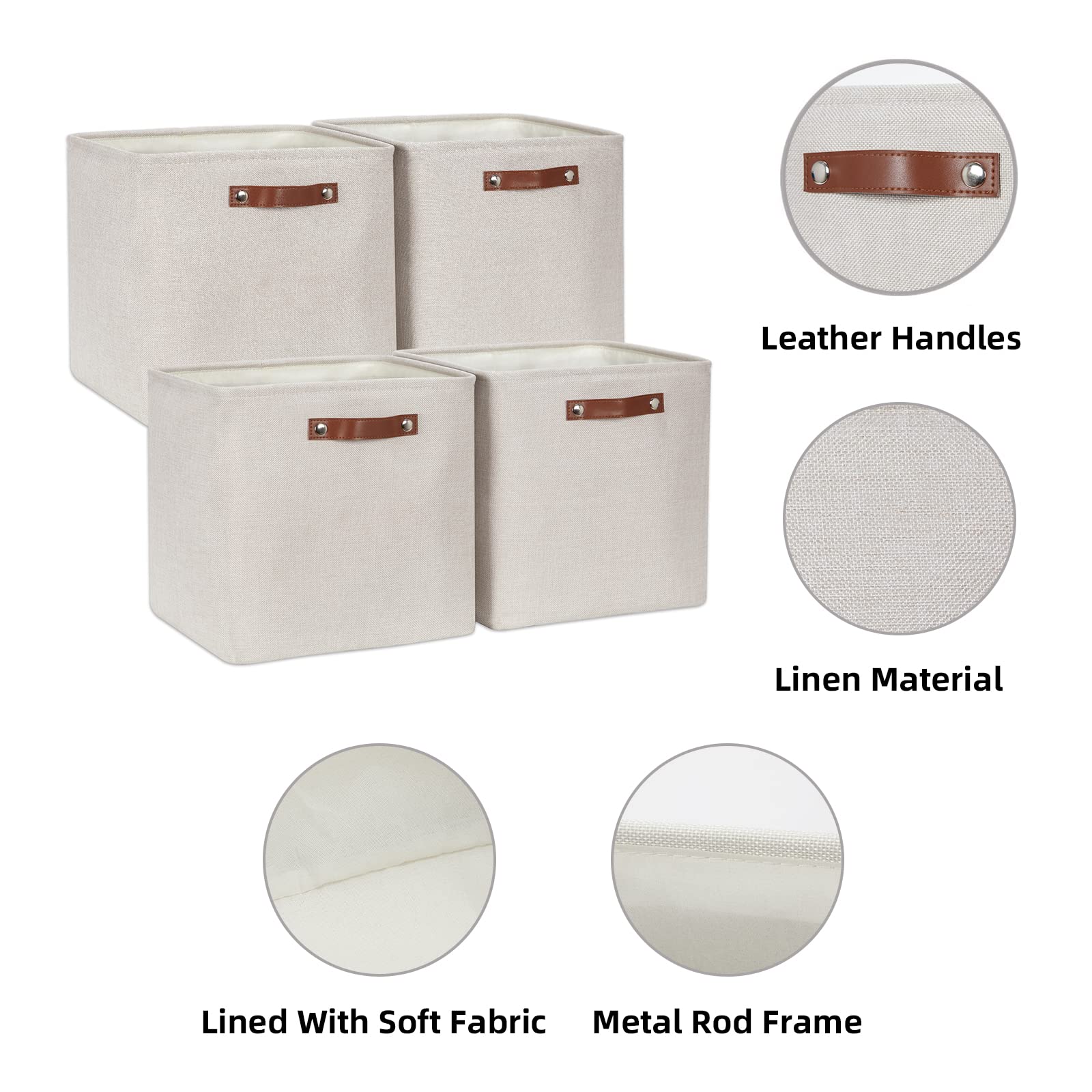 HNZIGE 13x13x13 Cube Storage Bins  Fabric Storage Cubes Baskets for Shelves  Set of 4  Cube Storage Baskets with Handles Foldable Storage Baskets for Organizing Clothes  Toys  Closet  Nursery(Cream)
