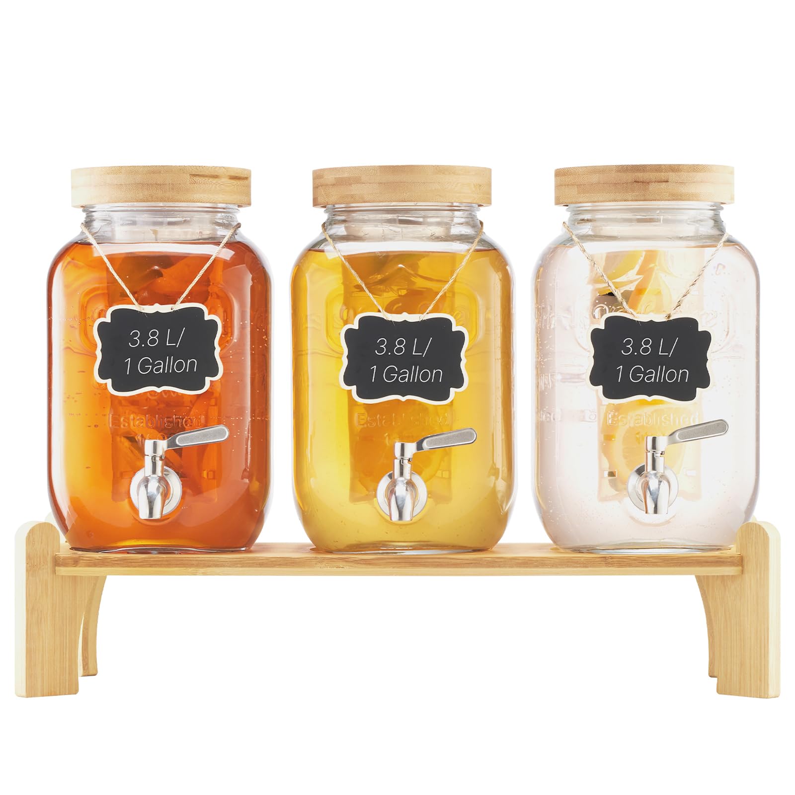 VEVOR Beverage Dispenser, 3 Pack 1 Gallon Drink Dispensers for Parties, Glass Juice Dispenser with Wood Stand, Stainless Steel S