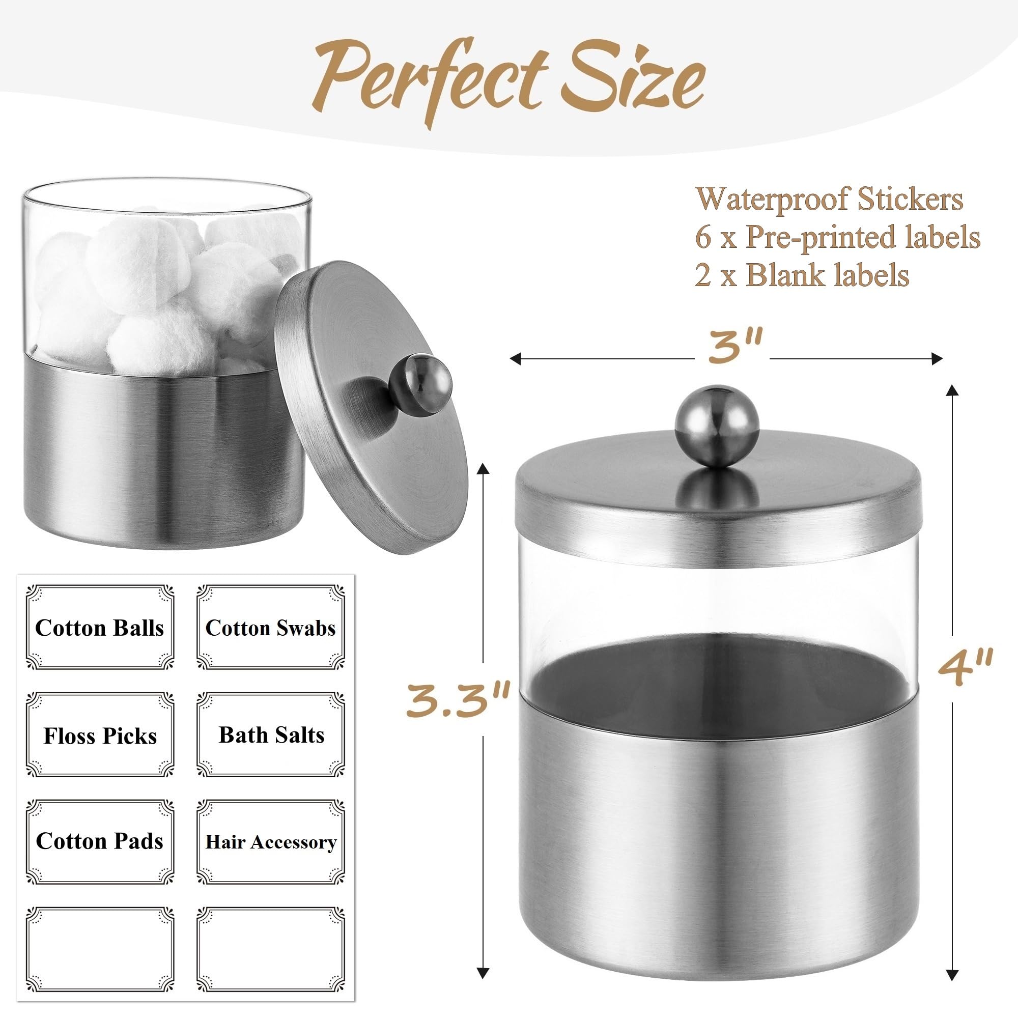 Gaussra Apothecary Jars, Qtip Holder - Stainless Steel Bathroom Jar With Stickers - Farmhouse Decor Qtip Dispenser For Qtips, Co