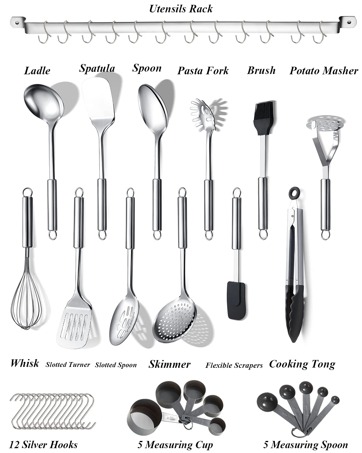 Berglander 38-Piece Stainless Steel Kitchen Utensils Set with Holder & Hooks - Silver, Dishwasher Safe Cooking Tools