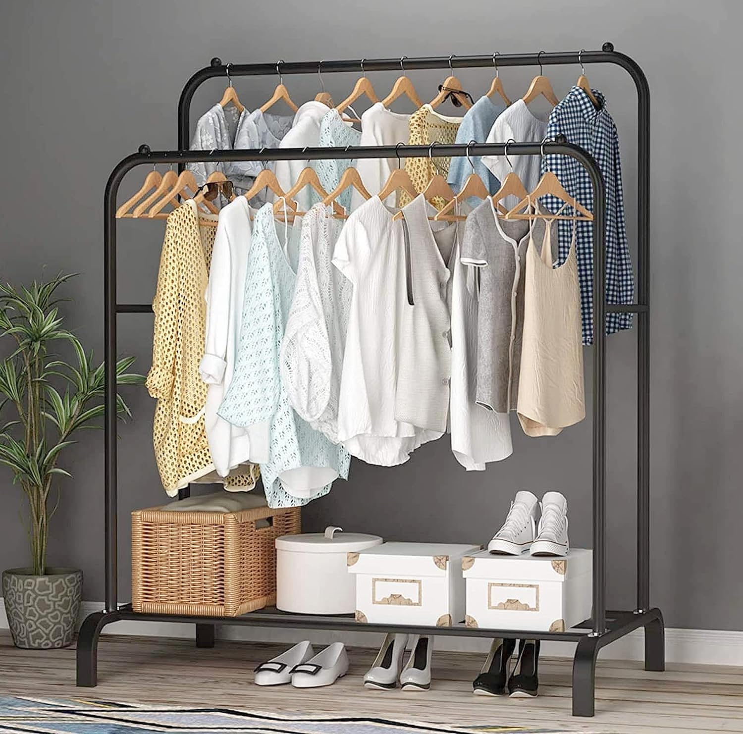 Lukzer Multi-Functional Cloth Stand With Wheels & Bottom Shelves  Metal Rack For Hanging Clothes, Coats, And Hats  Diy Storage S
