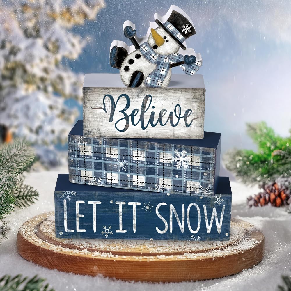 DIYDEC 4pcs Winter Wooden Table Signs - Christmas Snowman Wooden Block Signs Gift Rustic Xmas Tiered Tray Decor Winter Centerpie