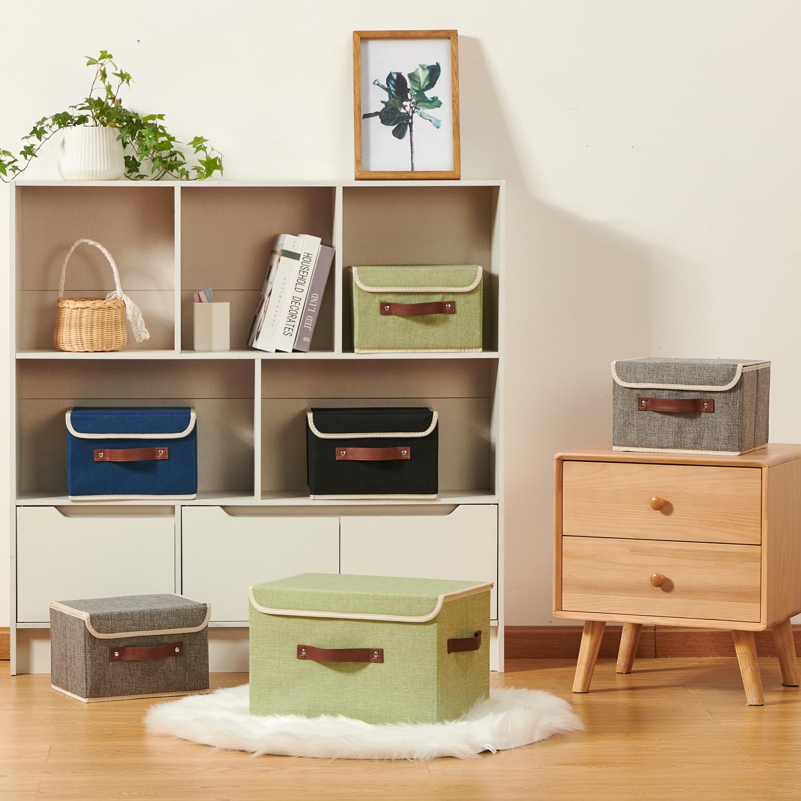 Vinnegenzz Storage Boxes With Lid Cotton Linen Fabric Storage Bins Organizer Container Decorative Collapsible Washable Shelf Bas