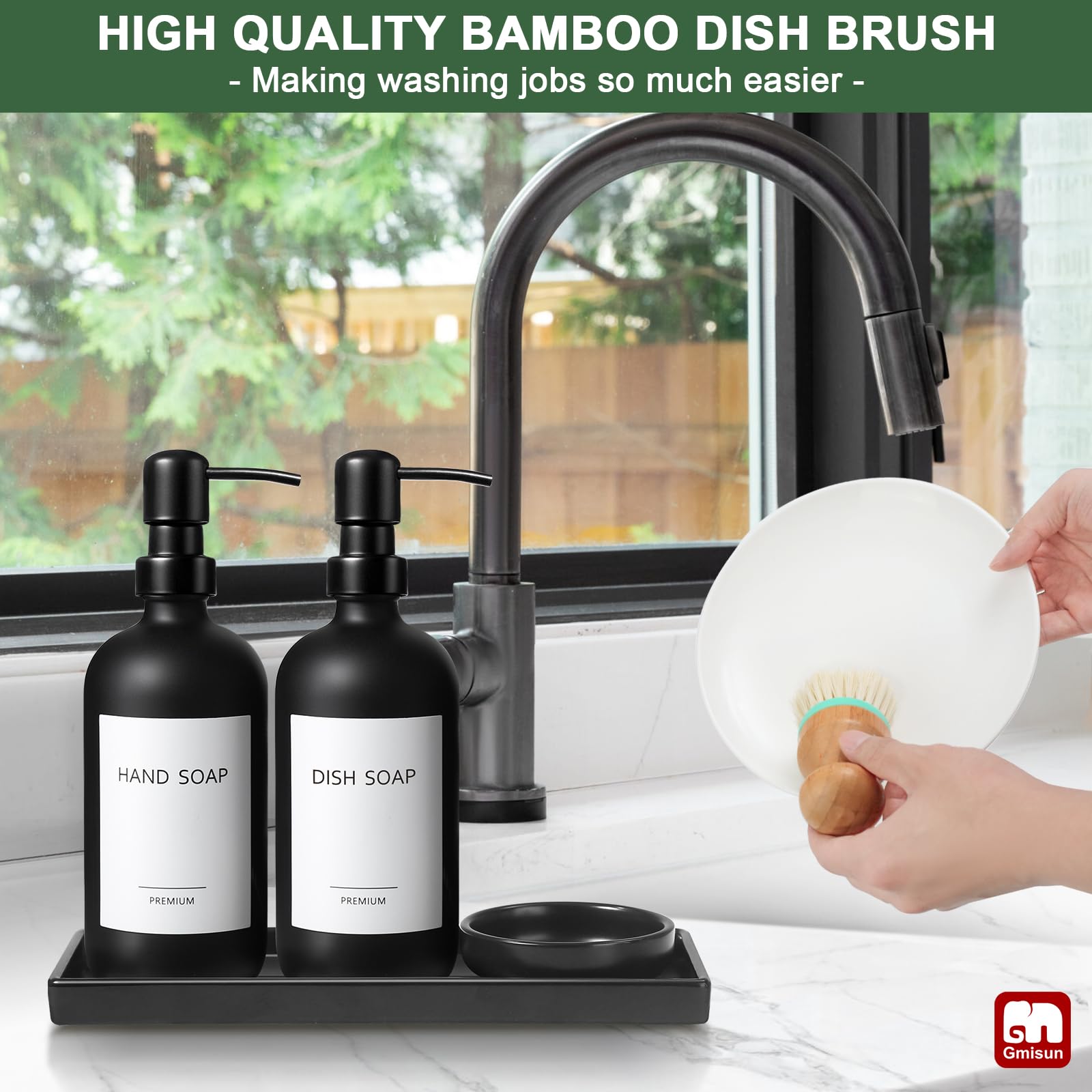 Gmisun Kitchen Soap Dispenser Set, 16 Oz Hand And Dish Soap Dispenser With Ceramic Tray & Bamboo Dish Brush, 2 Pack Matte Black