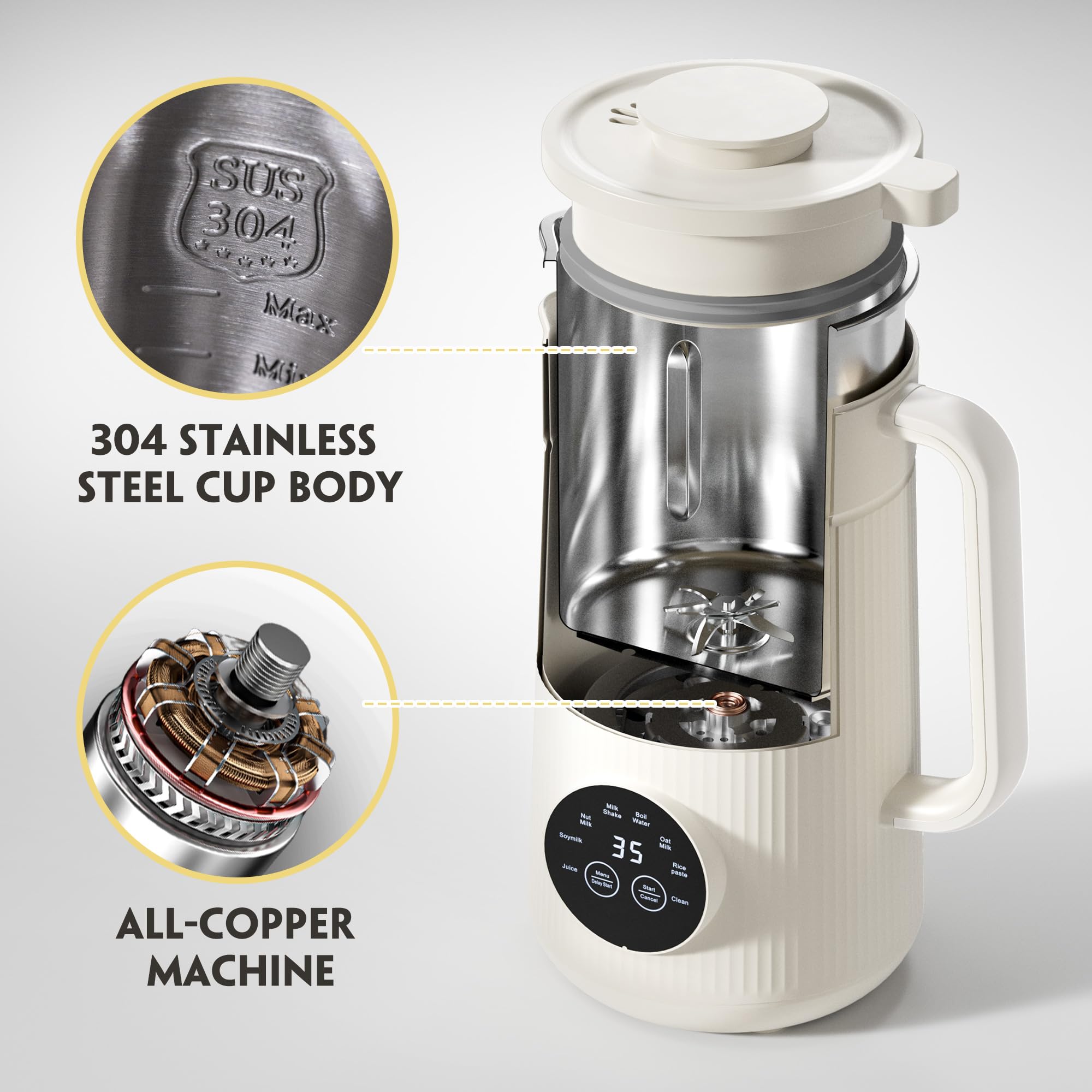 Mooye Automatic Nut Milk Maker Machine, 35Oz/1000Ml Multi-Functional Soybean Milk Machine With 10 Blades, Plant-Based, Oat, Almo
