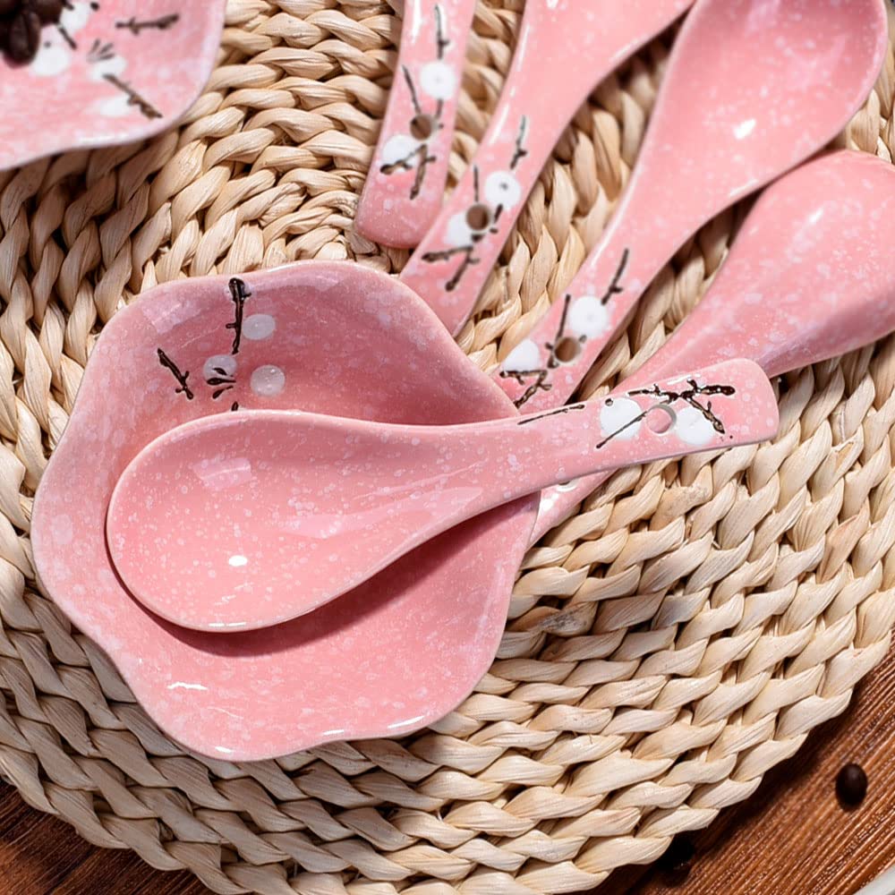 Japanese Soup Spoons Set Of 5, Pink Asian Spoon Suitable For Soup, Ramen, Pho, Gravy, Cake, Oatmeal, Chaos, Dumplings,Salad