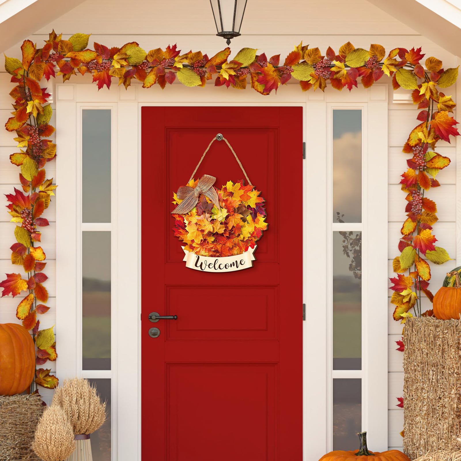 Boao Thanksgiving Welcome Door Sign Maple Leaves Hanging Decor Fall Wooden Sign Autumn Decorations Pumpkin Maple Leaves Wood Han