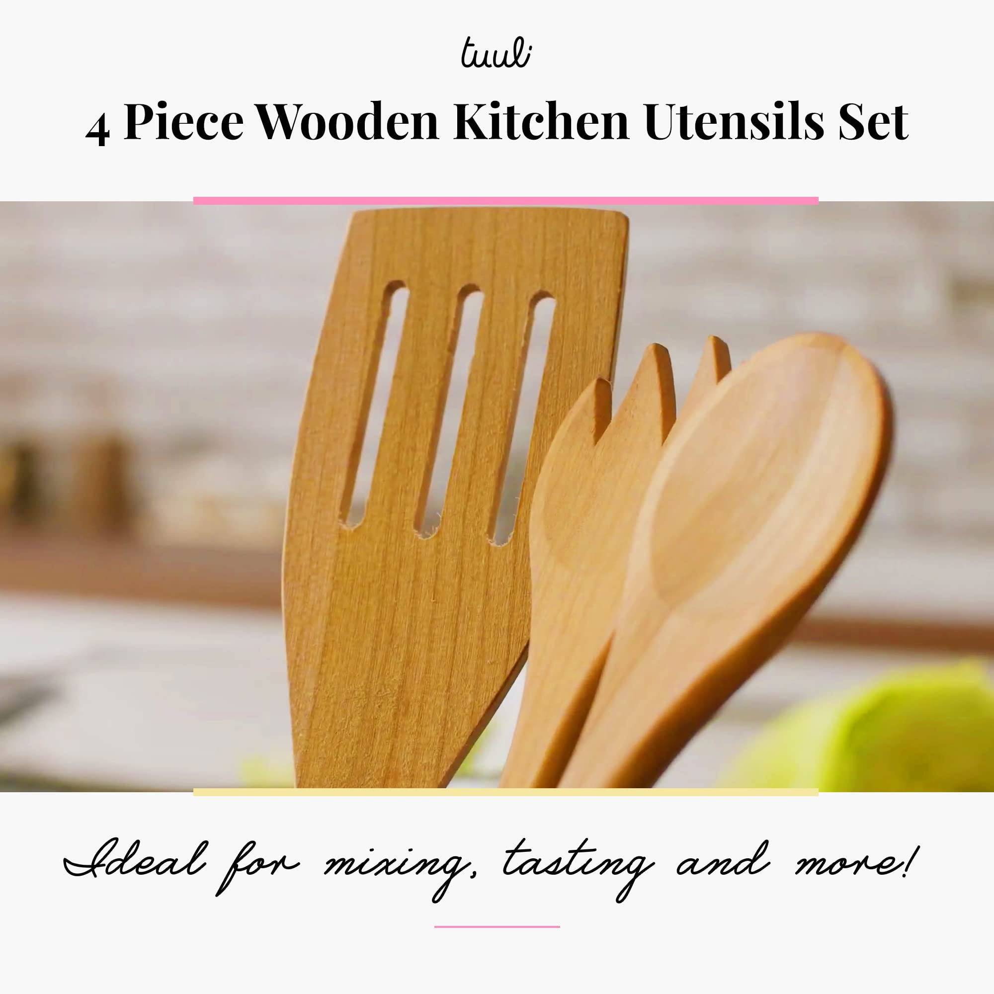 Tuuli Kitchen - 4-Piece Wooden Cooking Utensils Set, Solid Cherry Wood (Bbq Tongs, Kitchen Spoon, Fork And Spatula), Durable Woo