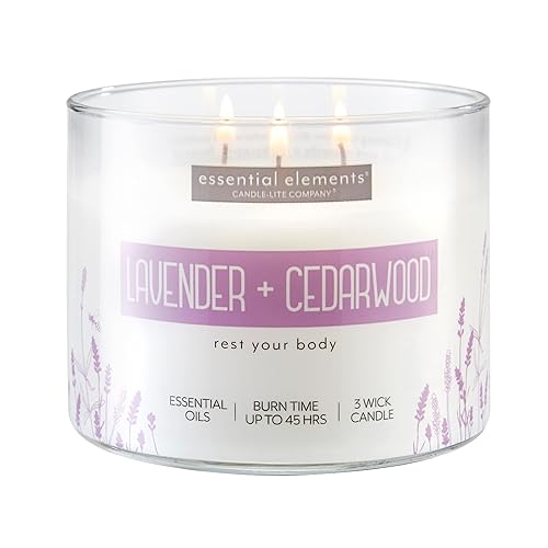 Essential Elements by Candle-lite Scented Candles, Lavender & Cedarwood Fragrance, One 14.75 oz. Three-Wick Aromatherapy Candle