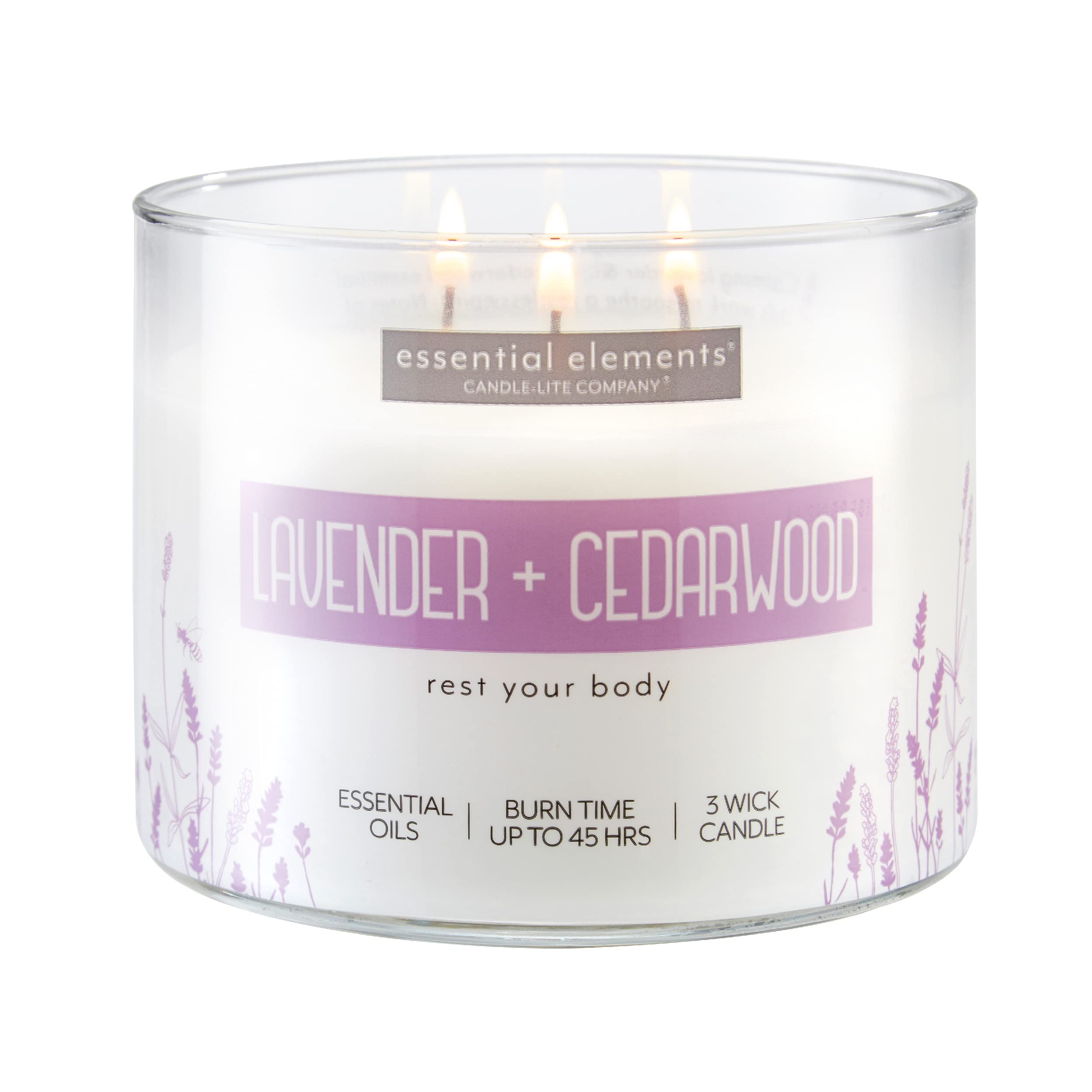 Essential Elements by Candle-lite Scented Candles, Lavender & Cedarwood Fragrance, One 14.75 oz. Three-Wick Aromatherapy Candle