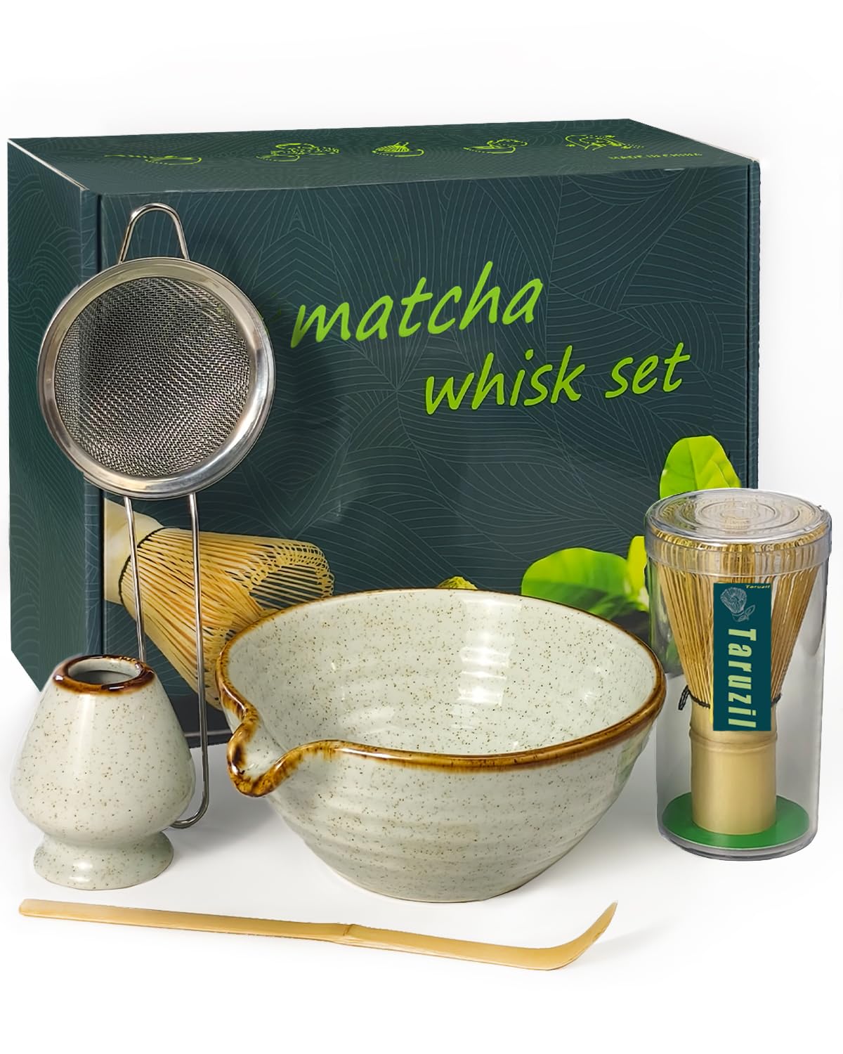 Taruzil Matcha Whisk Set With Matcha Bowl, Matcha Bamboo Whisk, Scoop, Sifter, Matcha Whisk Holder Unique Gifts For Women Men Gi