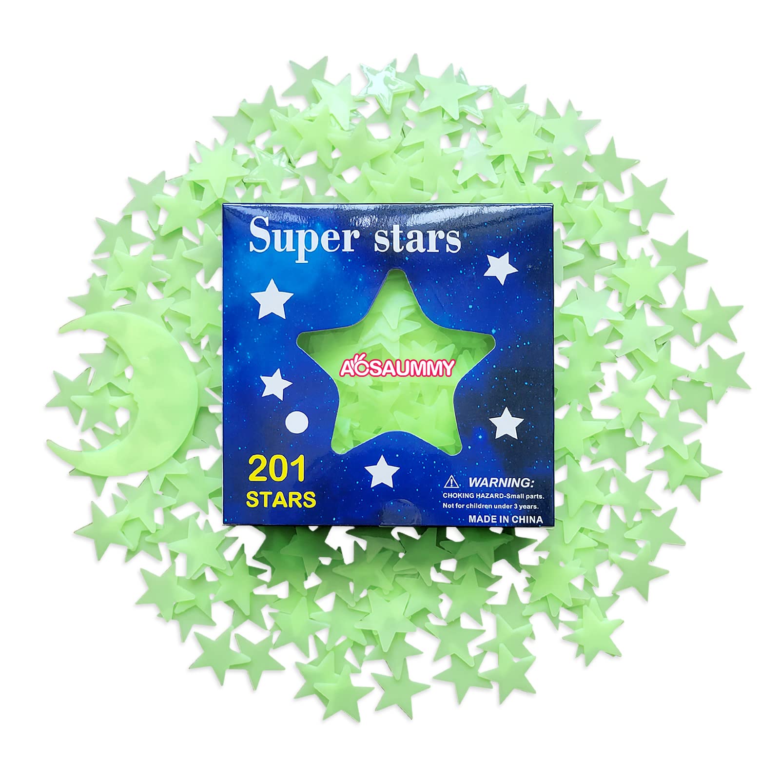 Glow In The Dark Stars Stickers, Acsaummy 201Pcs Super Bright Plastic Large Stars Stickers Glow In The Dark Stars For Ceiling Wa