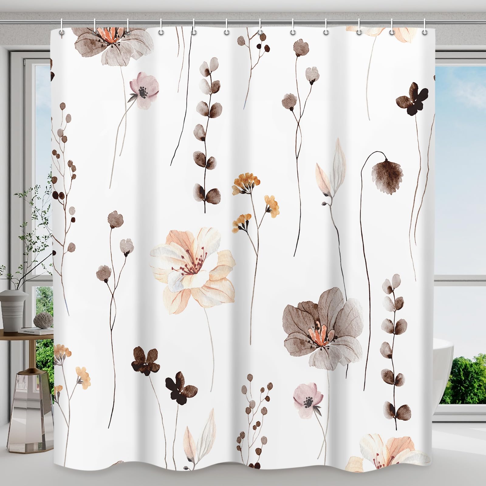 Withloc Shower Curtain Watercolor Flower Shower Curtain Sets - Spring Brown Floral Plant Shower Curtains For Bathroom, Washable 