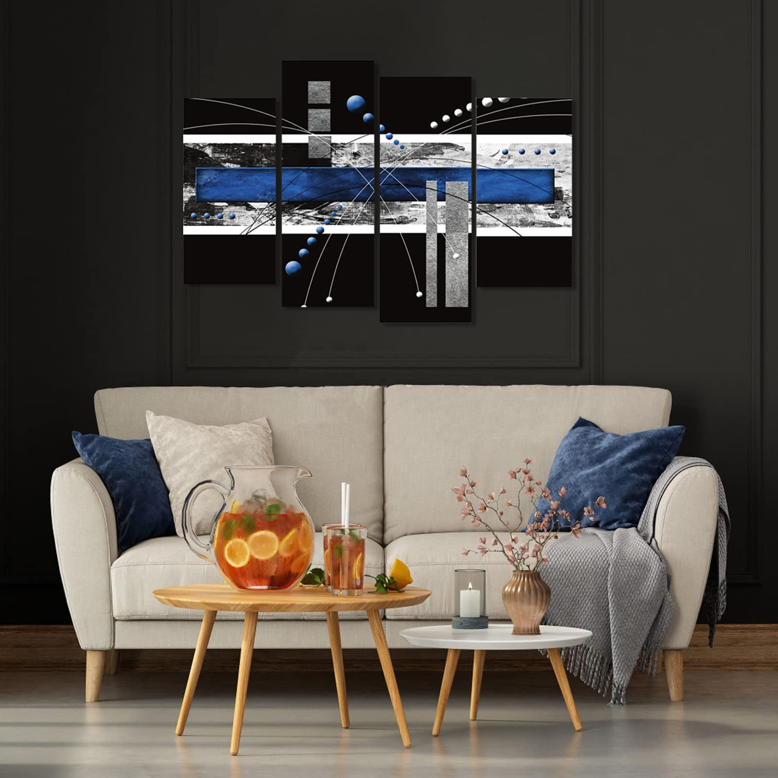 Ypy Large Black Blue Canvas Wall Art - 4 Panels Modern Abstract Picture Set For Home Decoration - Contemporary Painting Artwork
