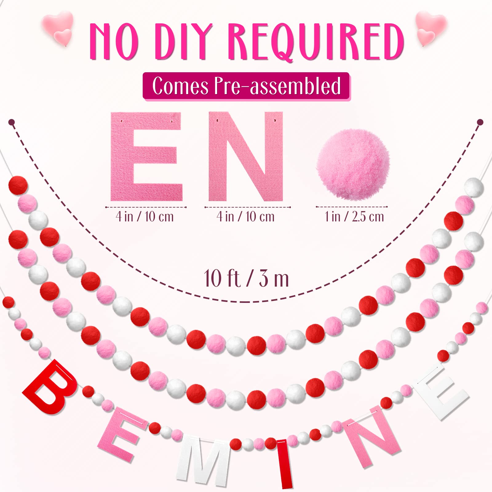 Breling 3 Pieces Valentine'S Day Garland Felt Ball Garland, 10Ft Pompom Garland Valentines Decorations Banner For Mantle Firepla
