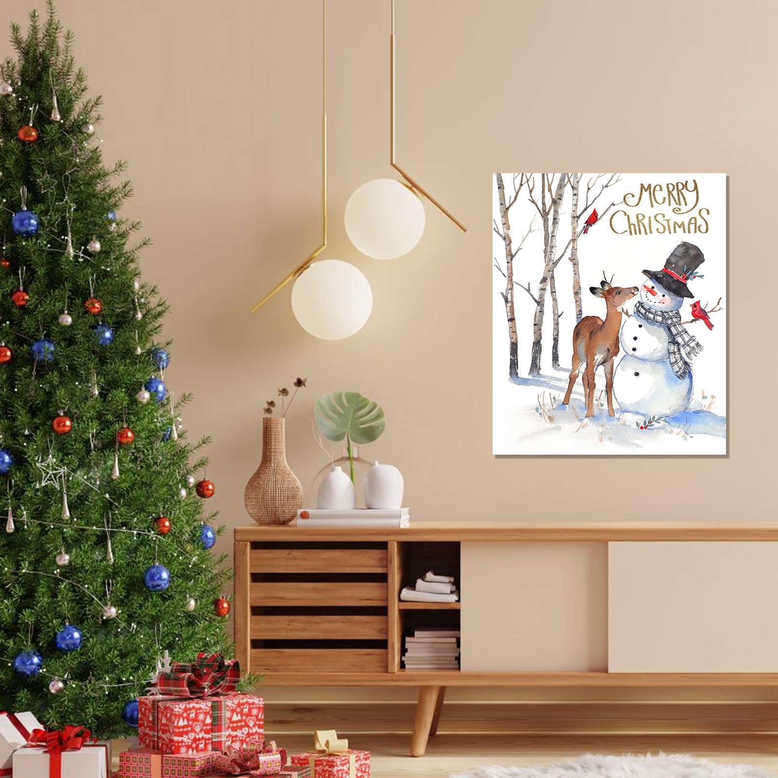Merry Christmas Canvas Wall Art: Snowman Deer And Cardinal Red Bird Christmas Decor Picture Print - Winter Scene Painting White