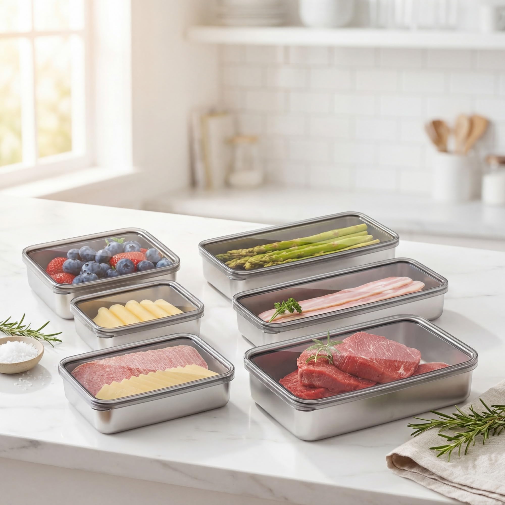 Hushee 6 Pack Bacon Cheese Container For Refrigerator, Stainless Steel Airtight Cheese Container, Dishwasher Safe Deli Meat Baco