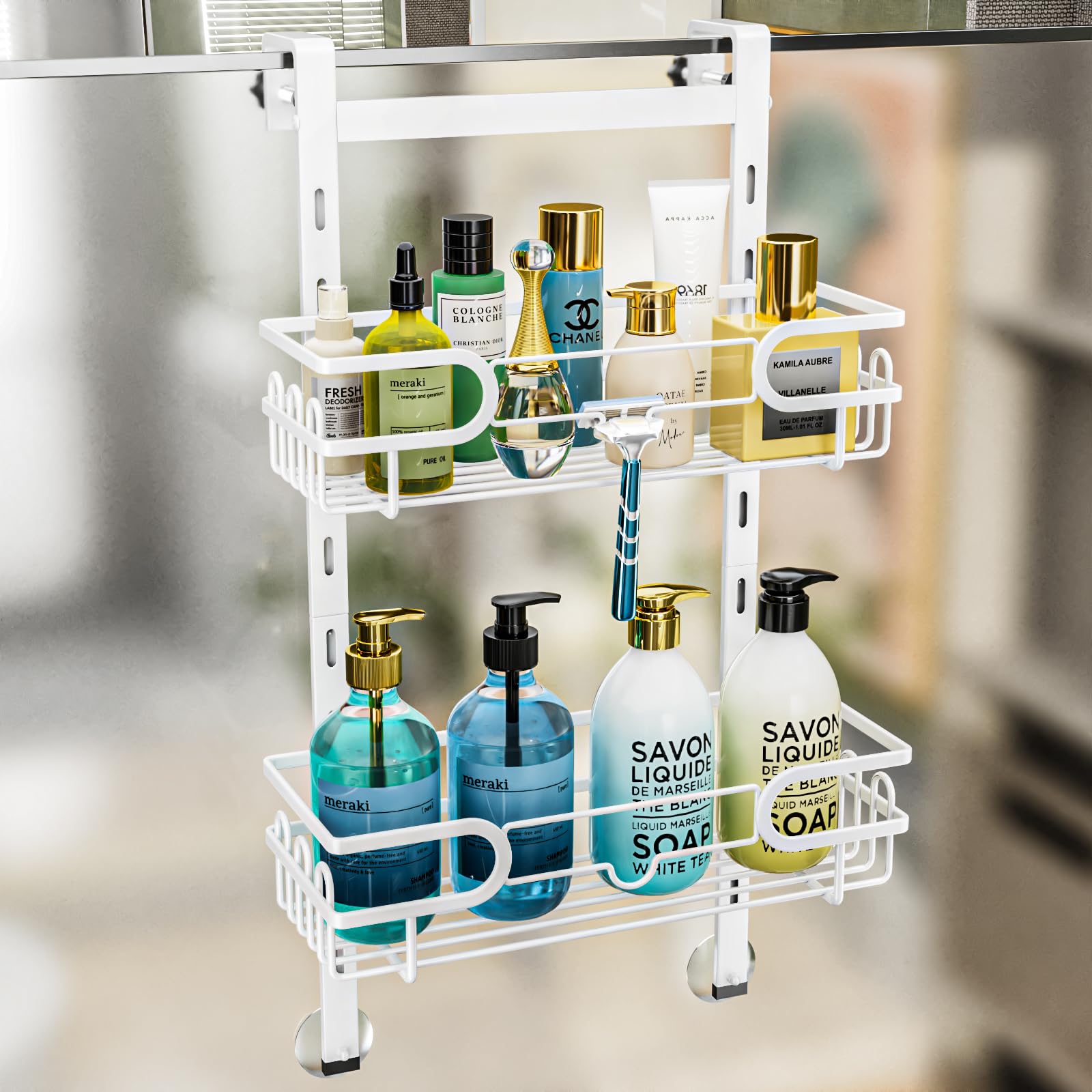 Consumest Over The Door Shower Caddy - 2 Tier Adjustable Hanging Shower Caddy Shower Shelf With 12 Hooks, Rustproof Easy Install
