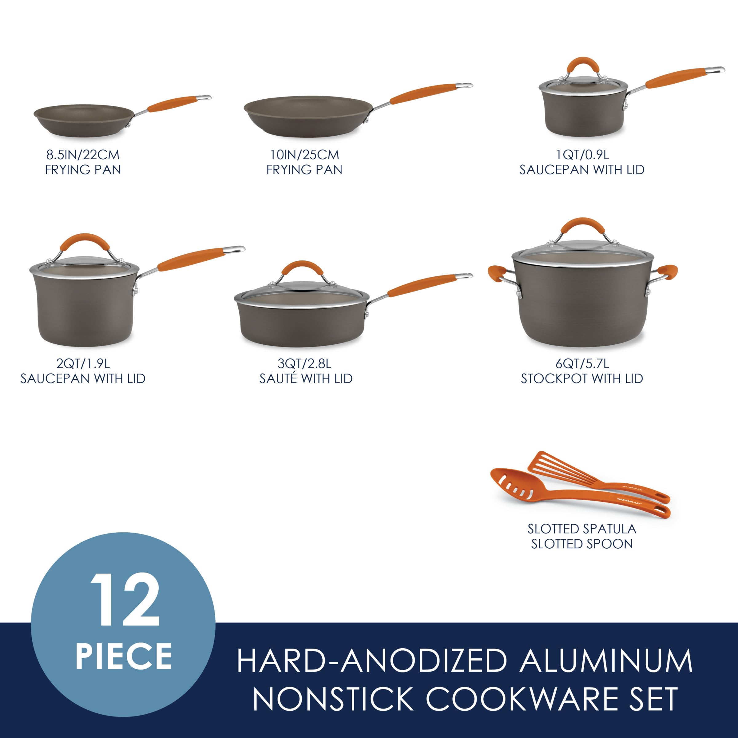 Rachael Ray Cucina 12-Piece Cookware Set, Hard Anodized Nonstick, Gray with Orange Handles, Model 87635