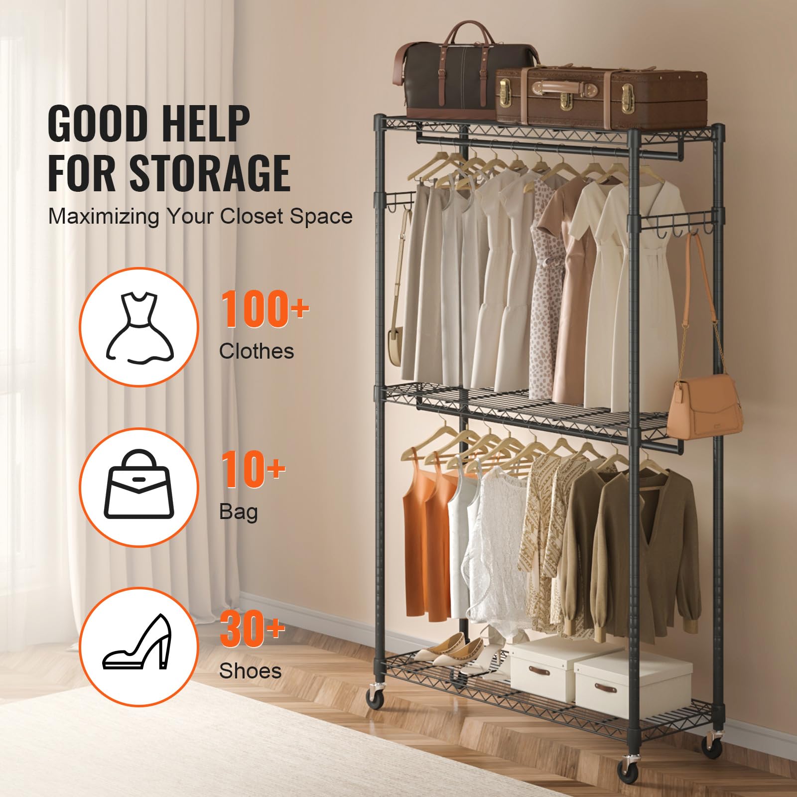 Vevor Heavy Duty Clothes Rack, Rolling Clothing Garment Rack With 3 Storage Tiers, 2 Rods And 2 Pairs Side Hooks, Adjustable Hei