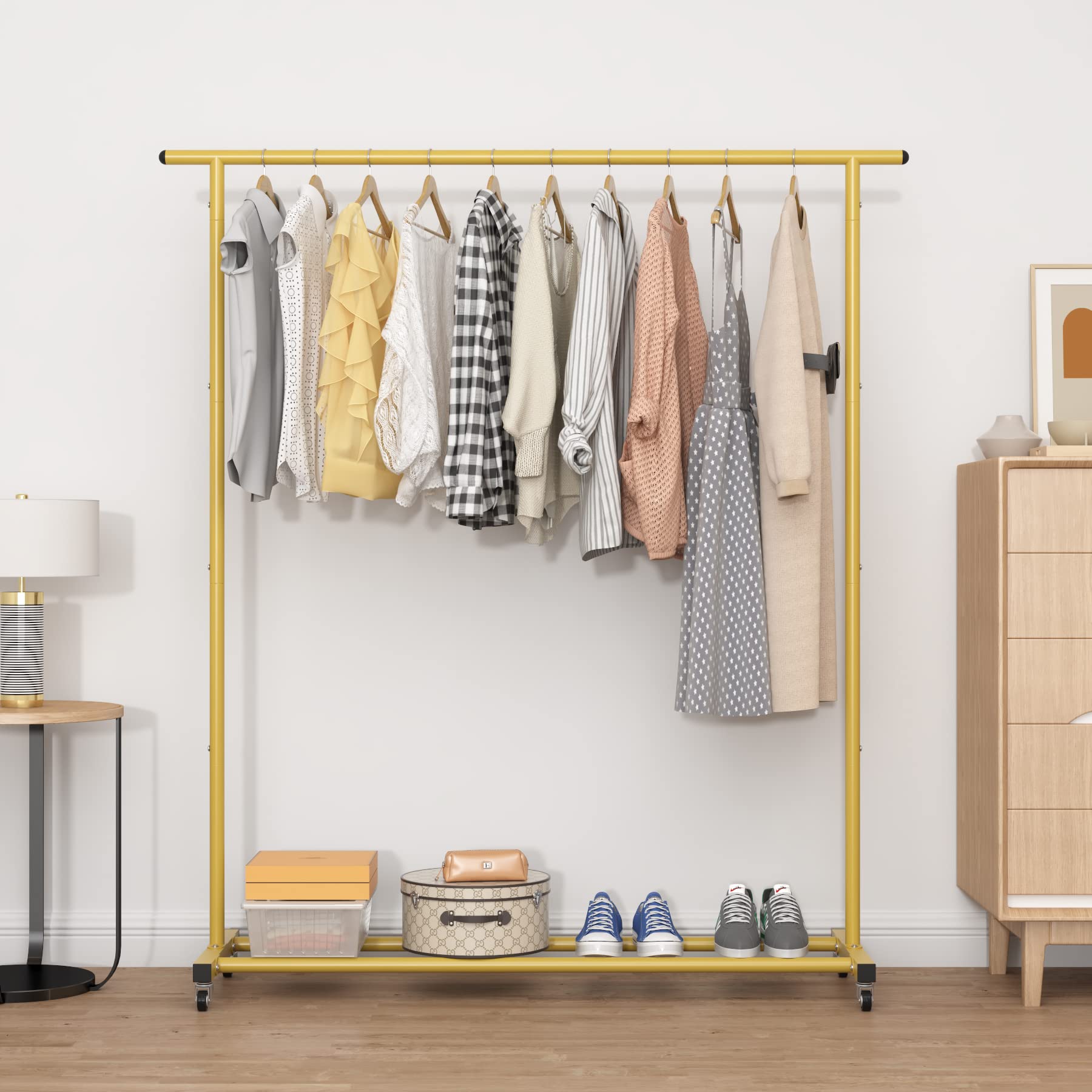 Buzowruil Clothing Clothes Rack Standard Rod Simple Rolling Metal Garment Rack Organizer Hanger With Wheels,Gold