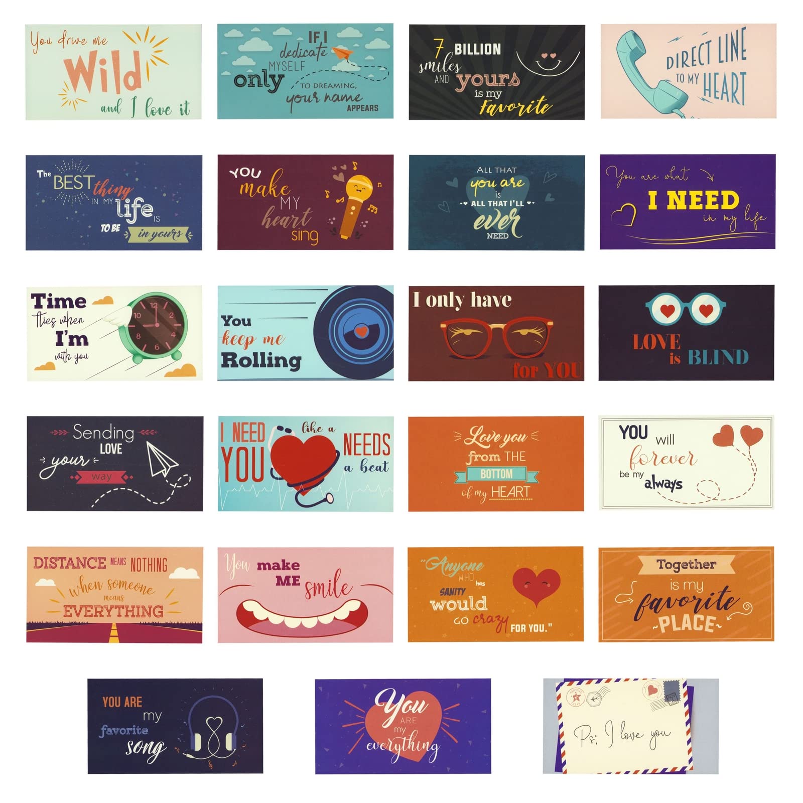 Paper Junkie Romantic Lunch Box Love Notes - 60 Pack Mini Cards 2x3.5 In Multicolor with Envelopes Included
