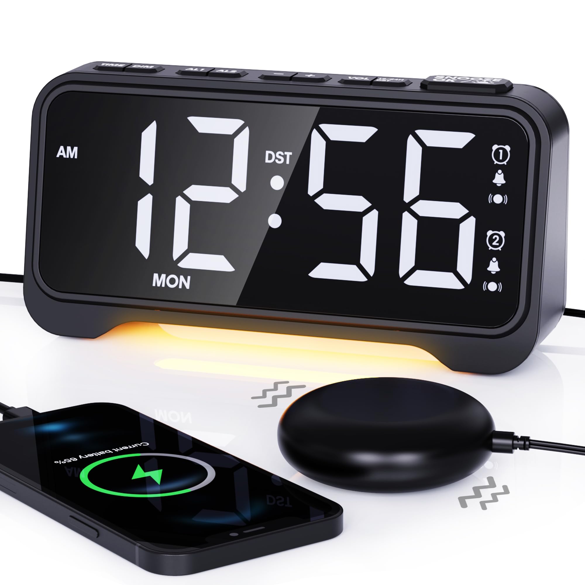 Loud Alarm Clock for Heavy Sleepers Adults, Vibrating Alarm Clock for Teens/Deaf, 7.5 Bright Clear Digital Screen, Adjustable Br