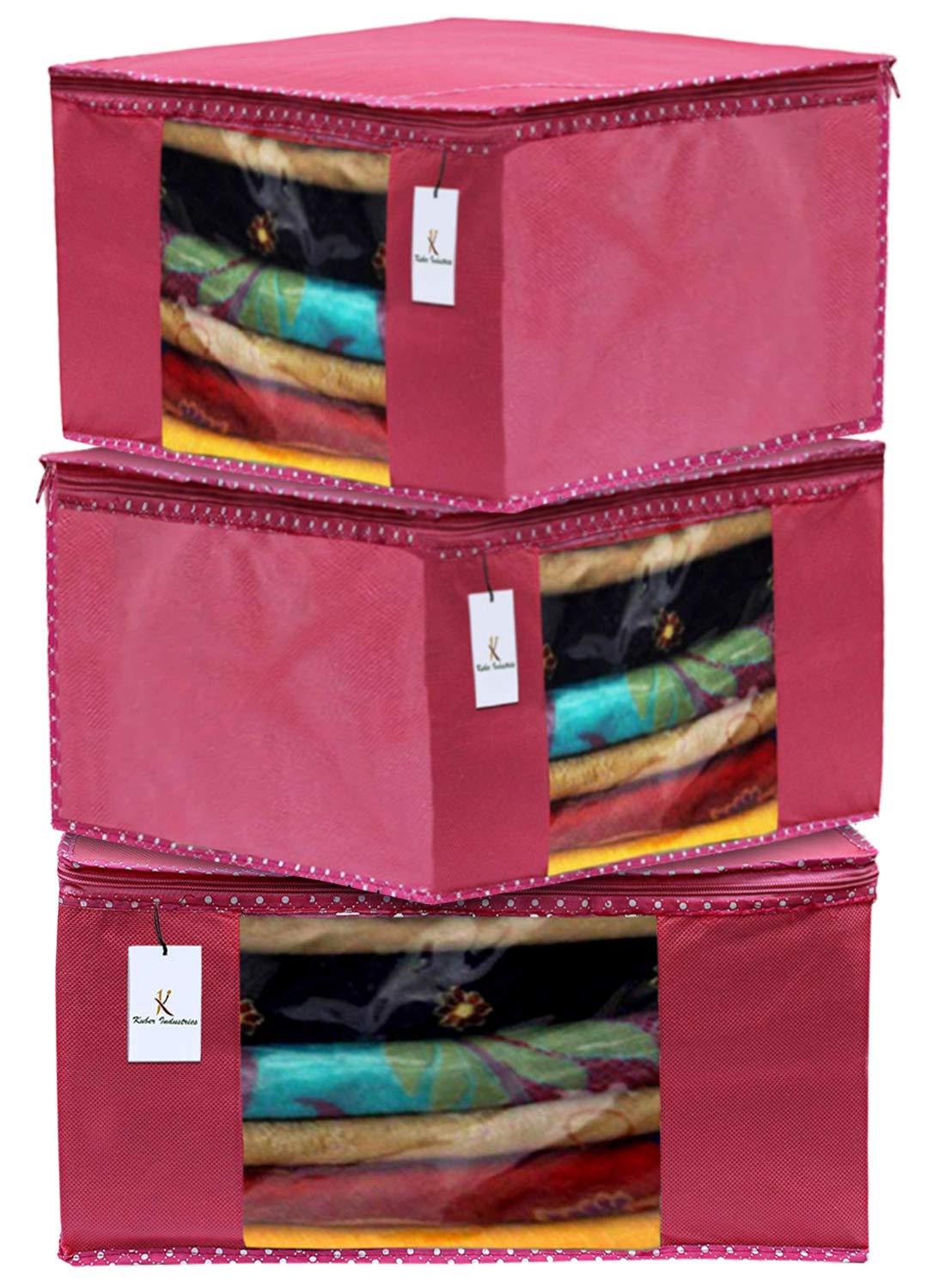 Kuber Industries 3 Pieces Non Woven Fabric Saree Cover/Clothes Organiser For Wardrobe Set With Transparent Window, Extra Large (