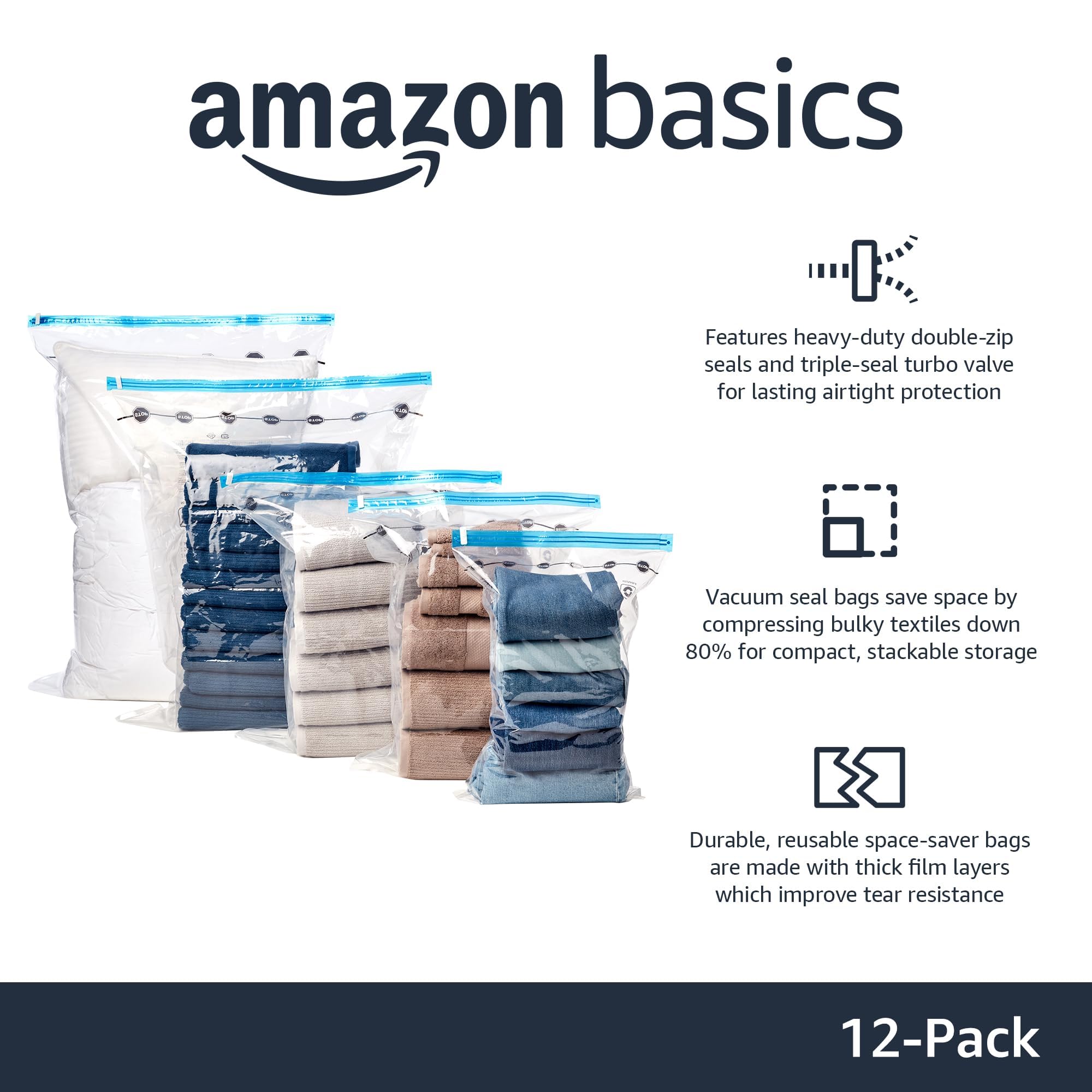 Amazon Basics Vacuum compression Storage Bags with Hand Pump  Multiple Pack of 12 (3 Jumbo  3 Large  3 Medium  3 Small)  clear