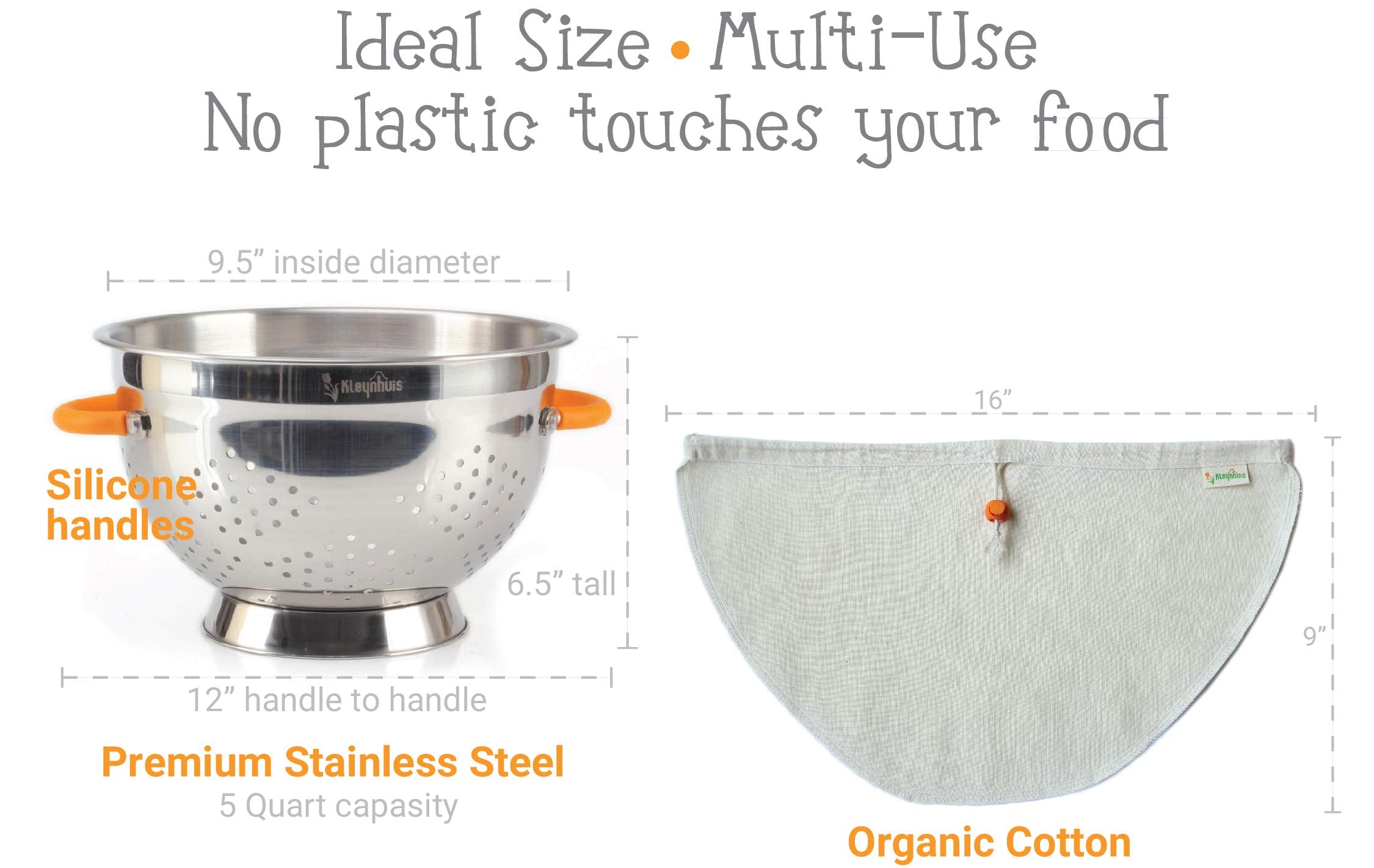 Kleynhuis Greek Yogurt Strainer Set - 5-Quart Stainless Steel Colander & Organic Cotton Pouch for Premium Yogurt Making